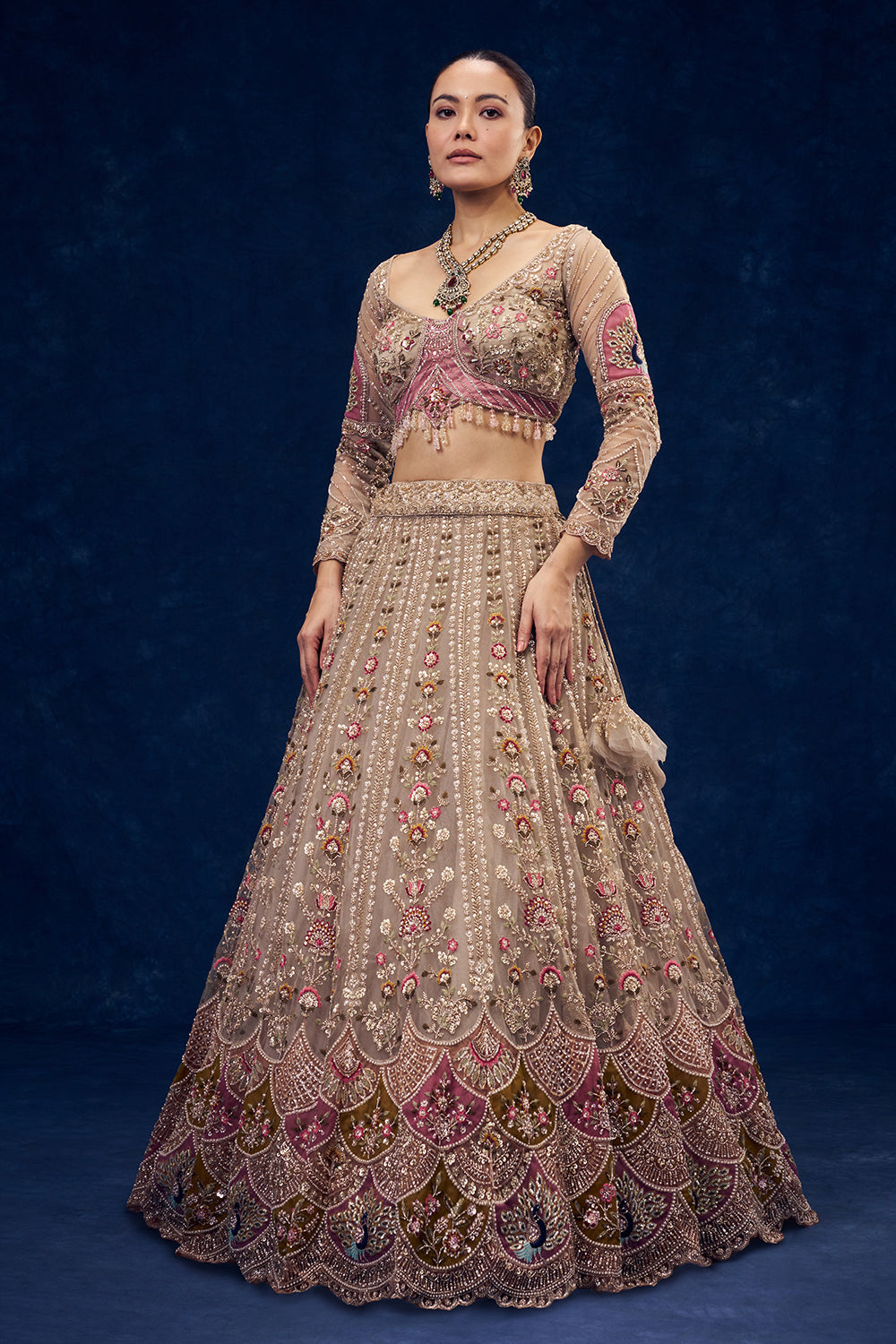 Beige Net Lehenga with Cutdana and Resham Embroidery