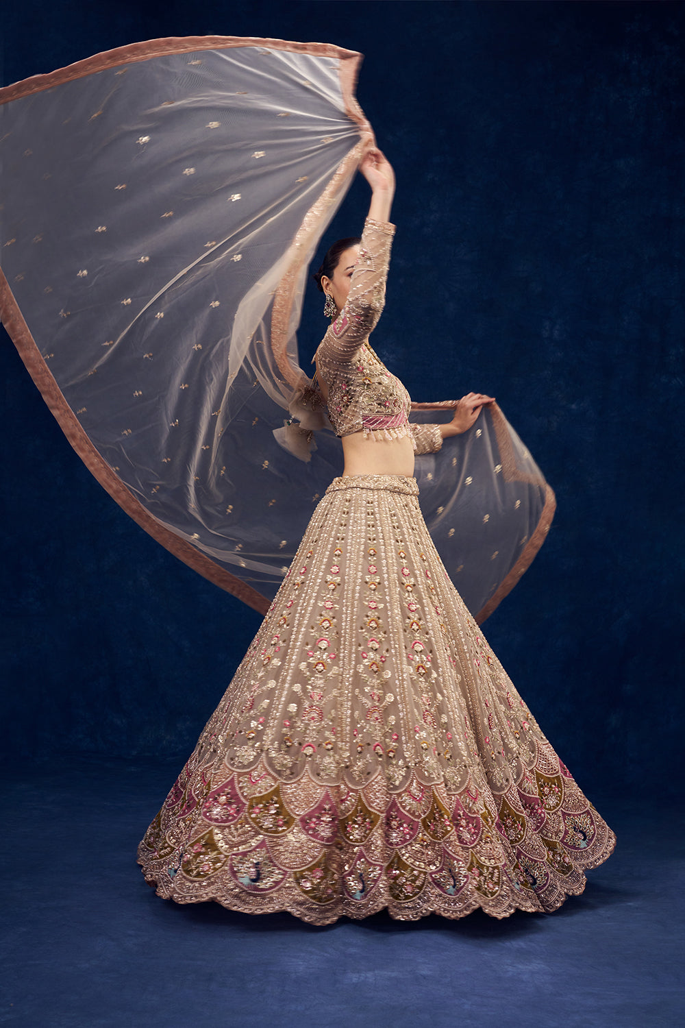 Beige Net Lehenga with Cutdana and Resham Embroidery