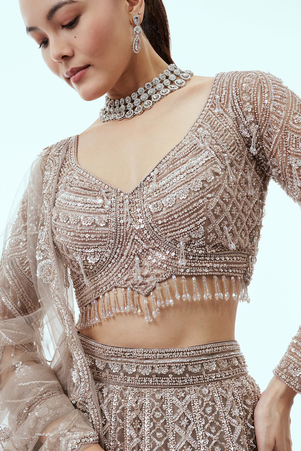 Light Grey Net Lehenga with Cutdana and Sequin Embroidery