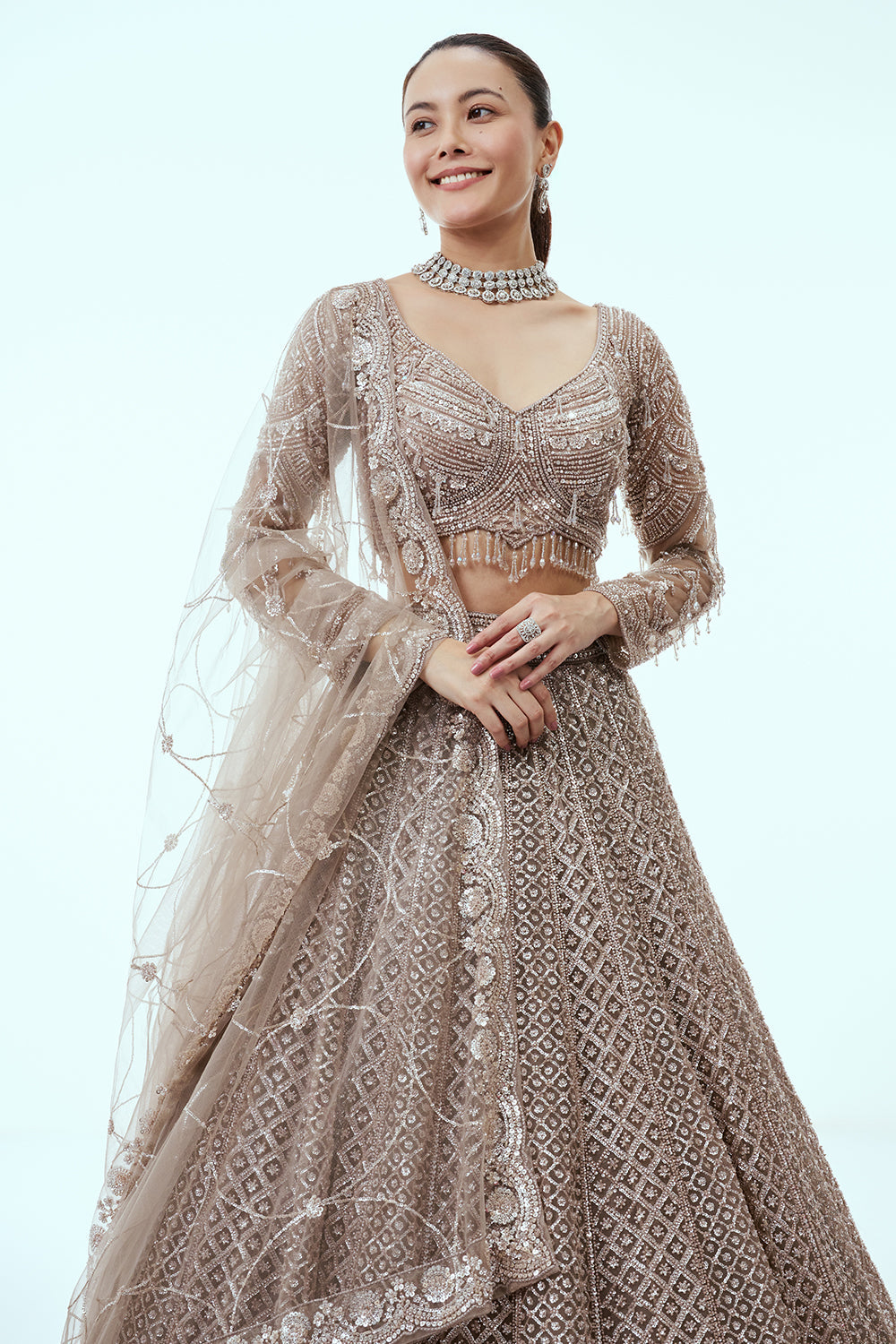 Light Grey Net Lehenga with Cutdana and Sequin Embroidery