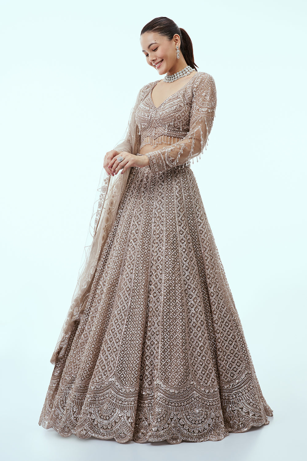 Light Grey Net Lehenga with Cutdana and Sequin Embroidery