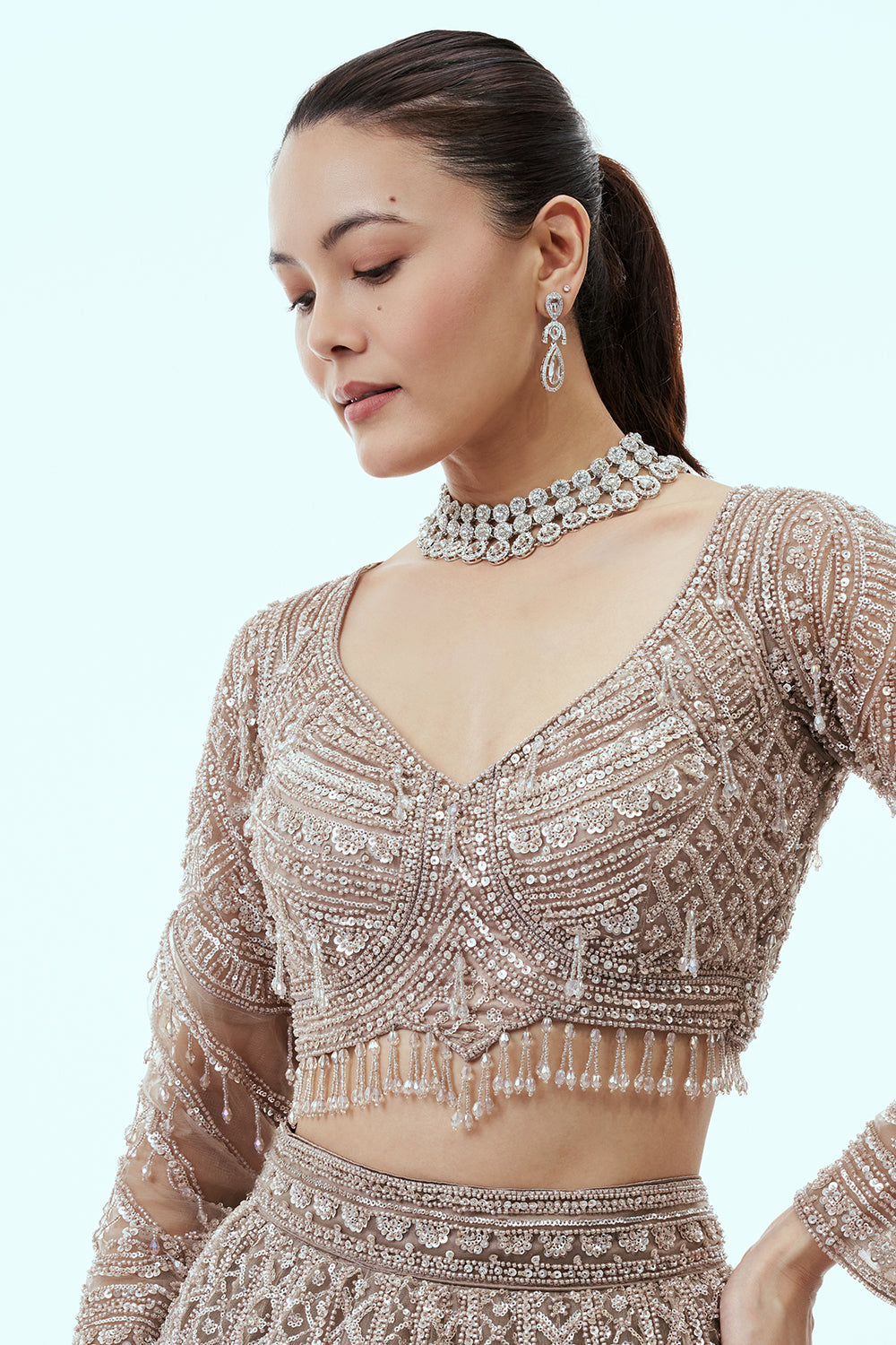 Light Grey Net Lehenga with Cutdana and Sequin Embroidery