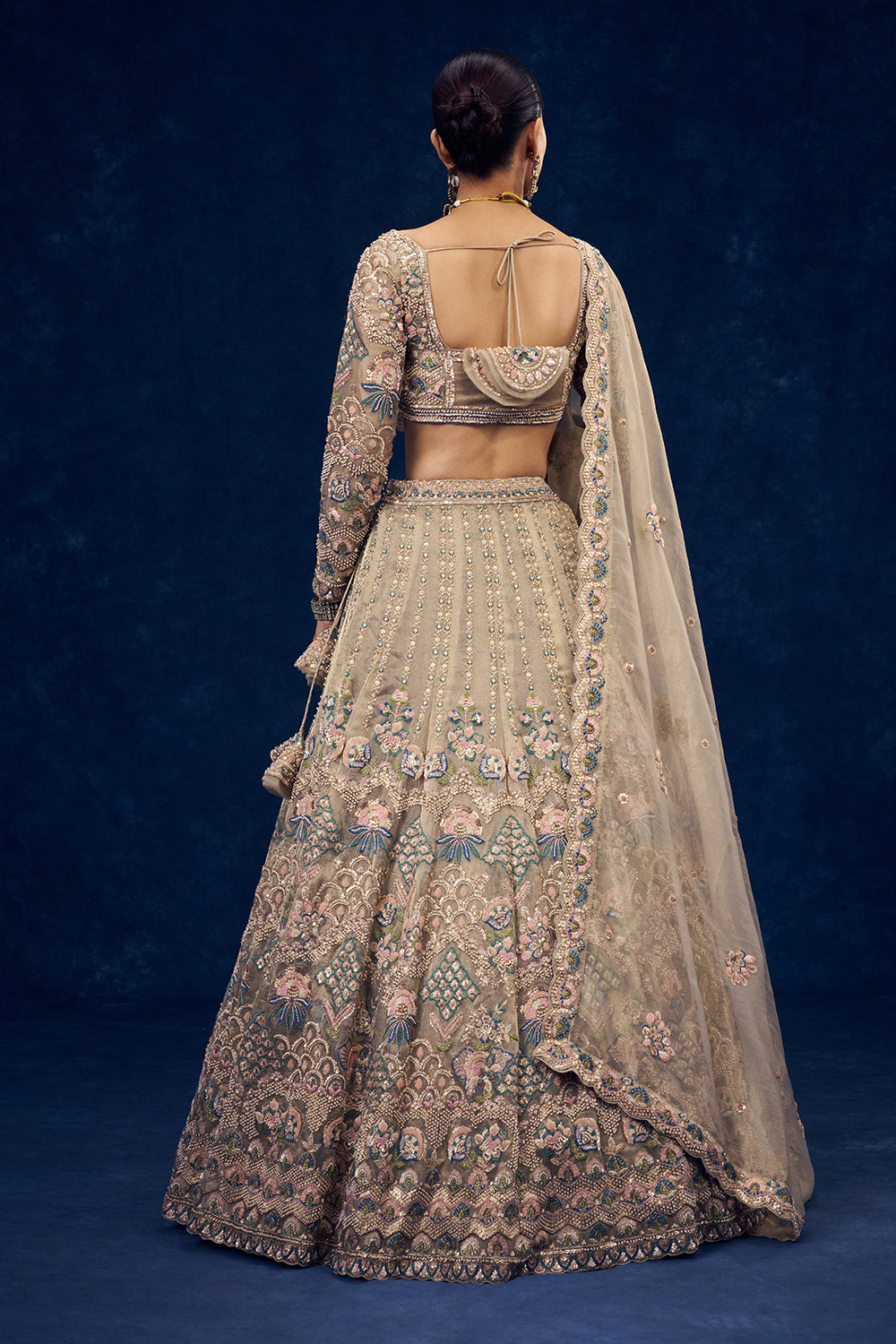 Beige Net Lehenga with Multicolour Resham Embroidery