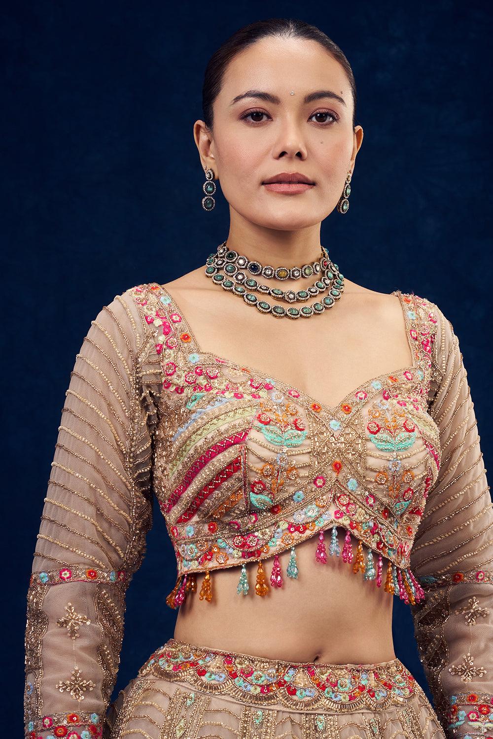 Beige Net Lehenga with Resham and Cutdana Hand Work