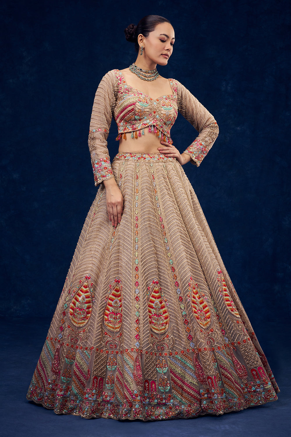 Beige Net Lehenga with Resham and Cutdana Hand Work