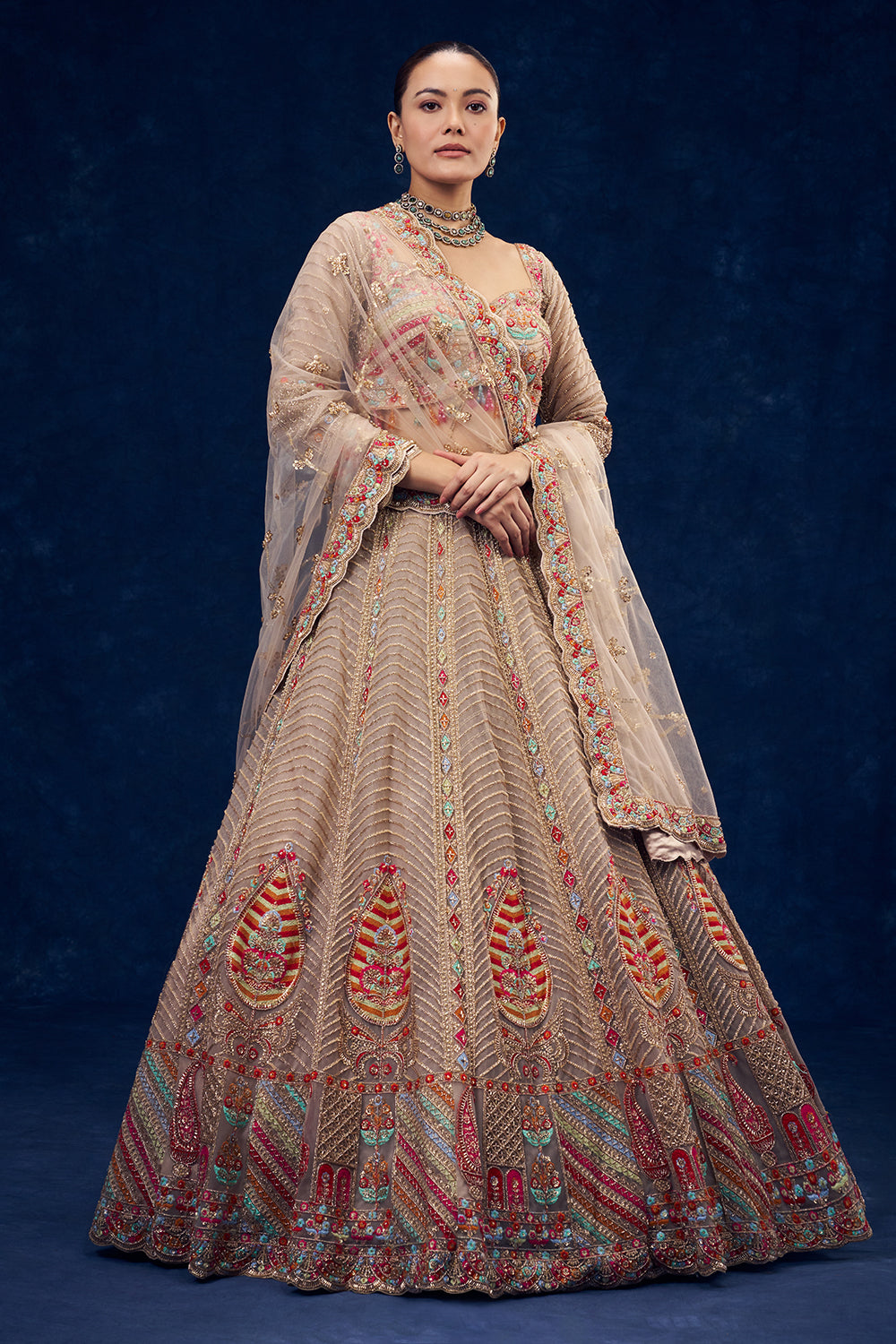 Beige Net Lehenga with Resham and Cutdana Hand Work