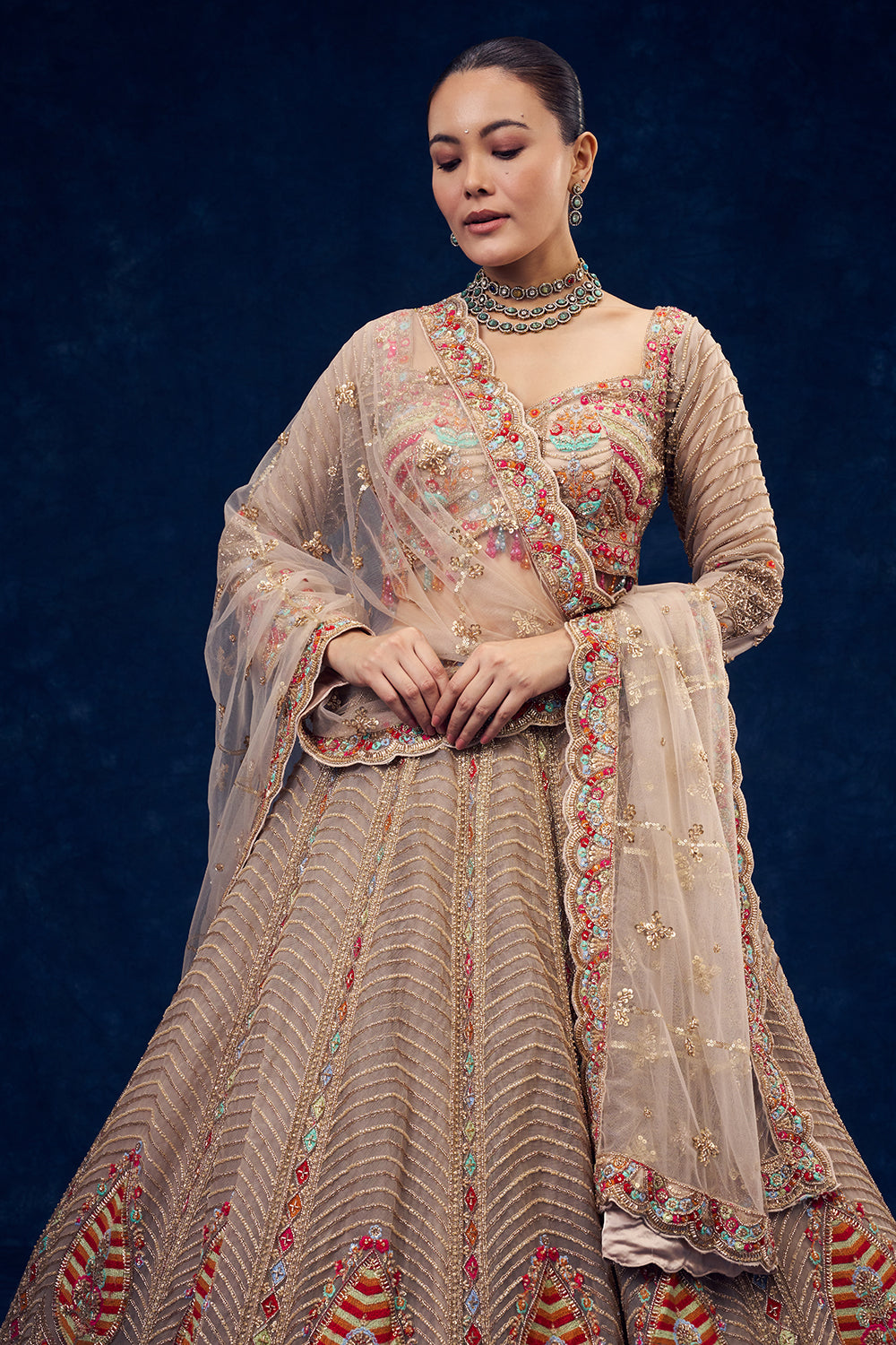 Beige Net Lehenga with Resham and Cutdana Hand Work