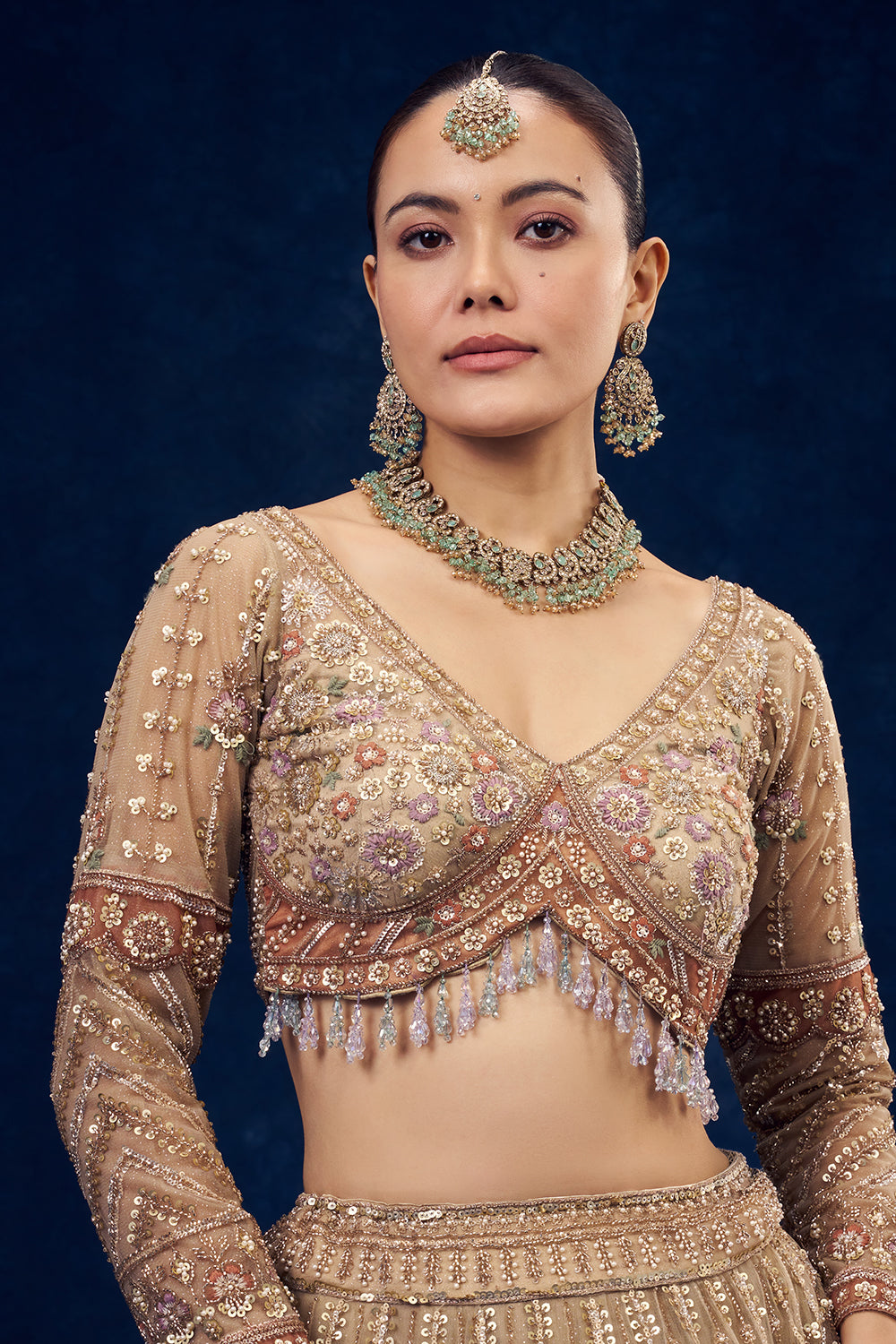 Beige Net Lehenga with Sequins and Resham Embroidery