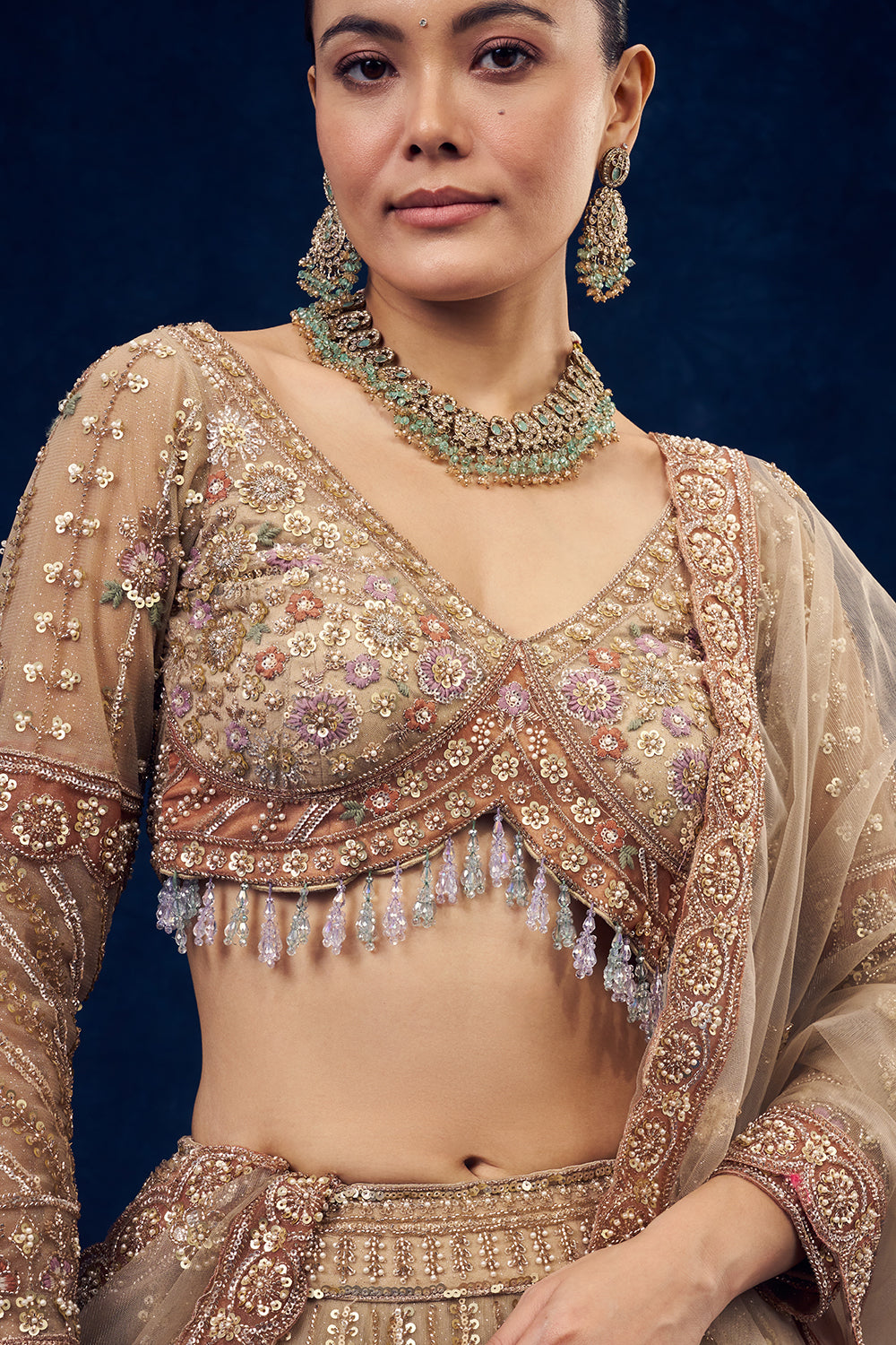 Beige Net Lehenga with Sequins and Resham Embroidery
