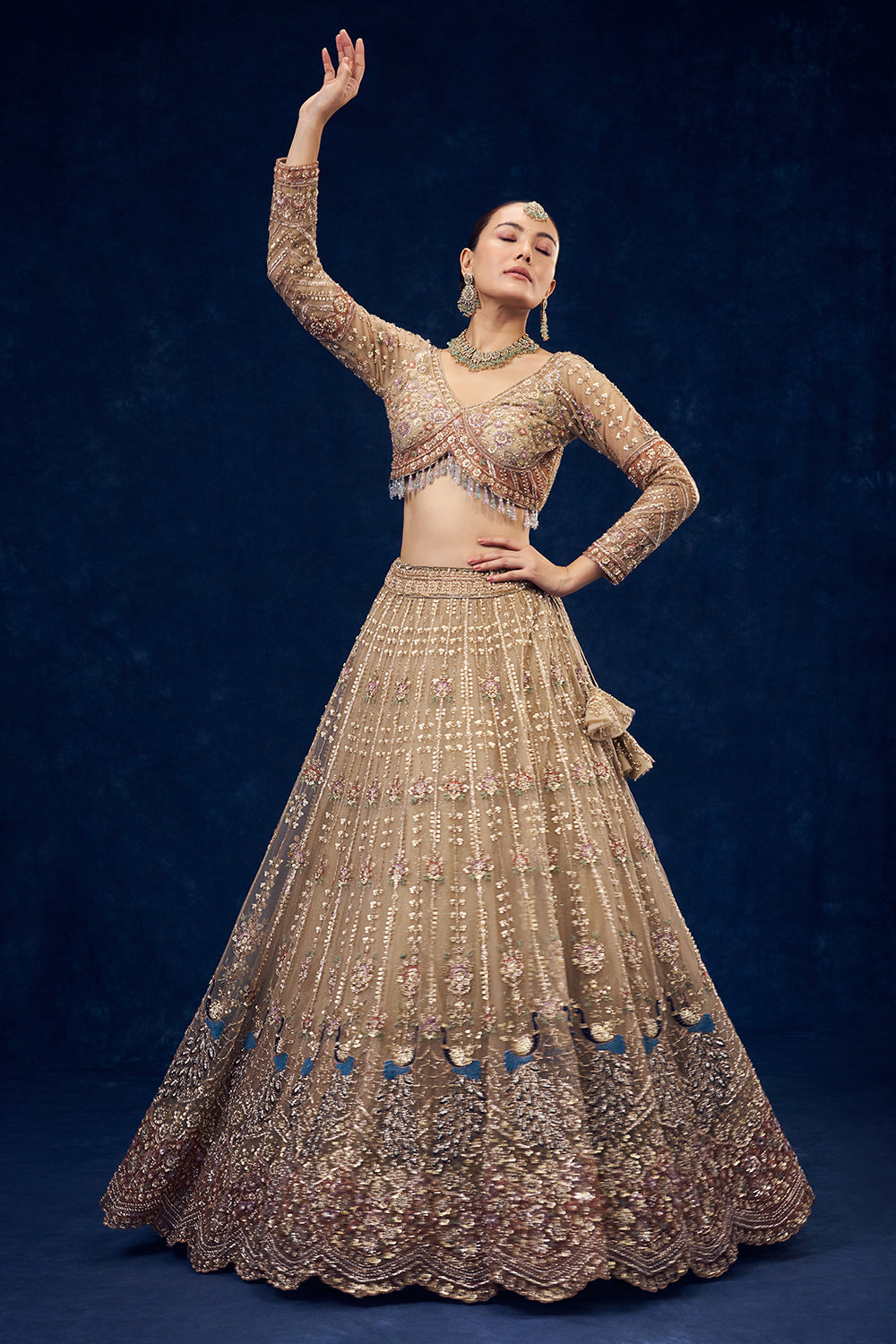 Beige Net Lehenga with Sequins and Resham Embroidery