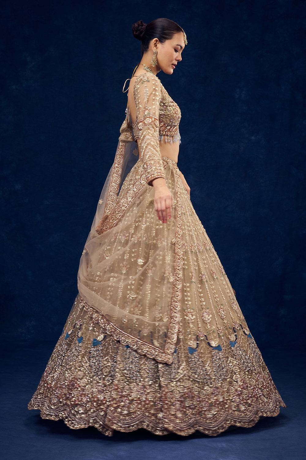 Beige Net Lehenga with Sequins and Resham Embroidery