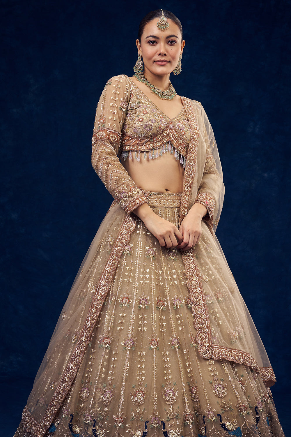 Beige Net Lehenga with Sequins and Resham Embroidery