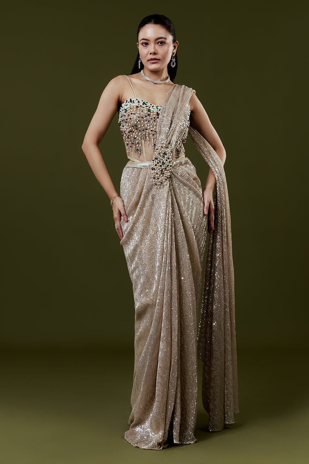 Beige Net Ready Pleated Saree with Pearl and Cutdana Work