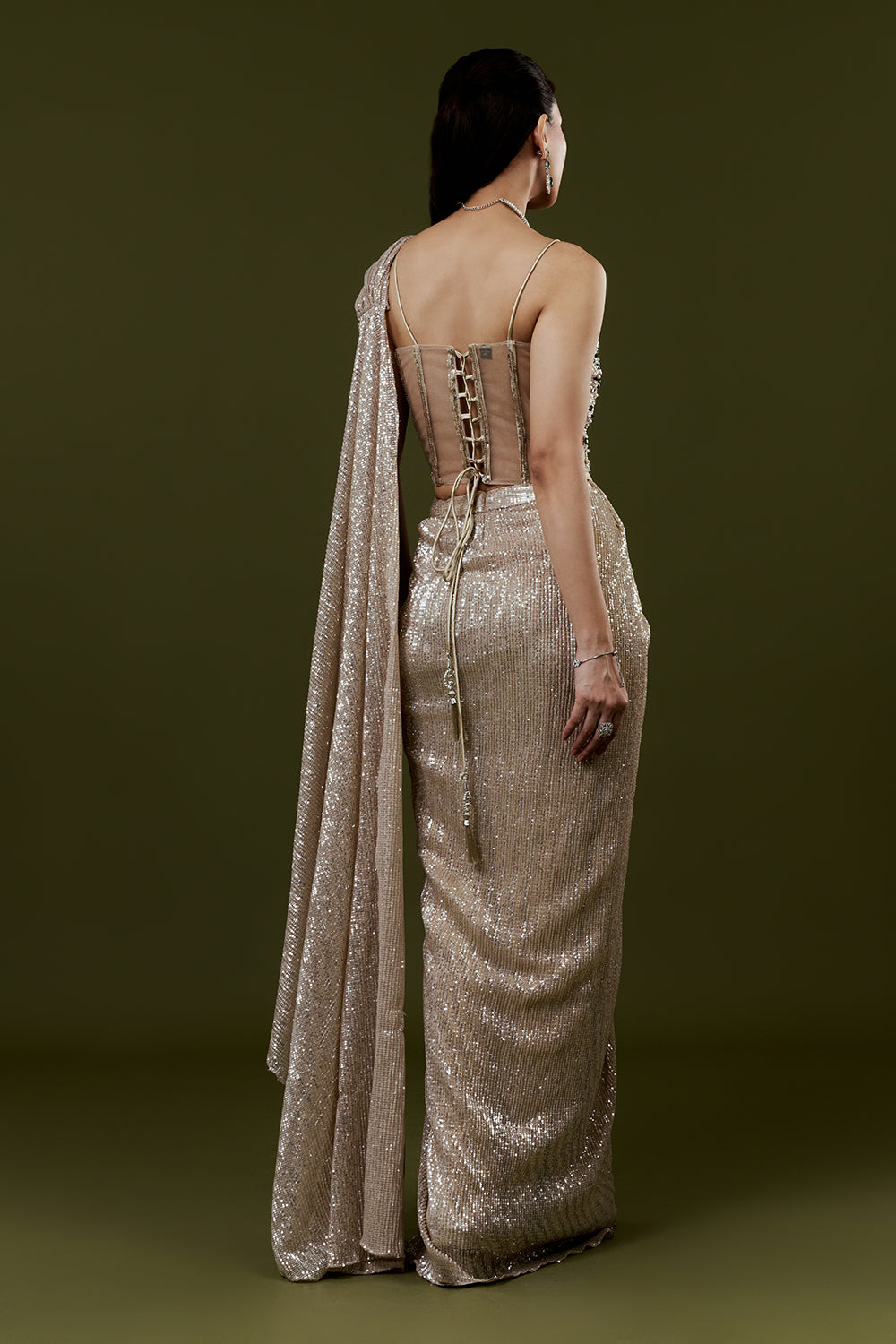 Beige Net Ready Pleated Saree with Pearl and Cutdana Work
