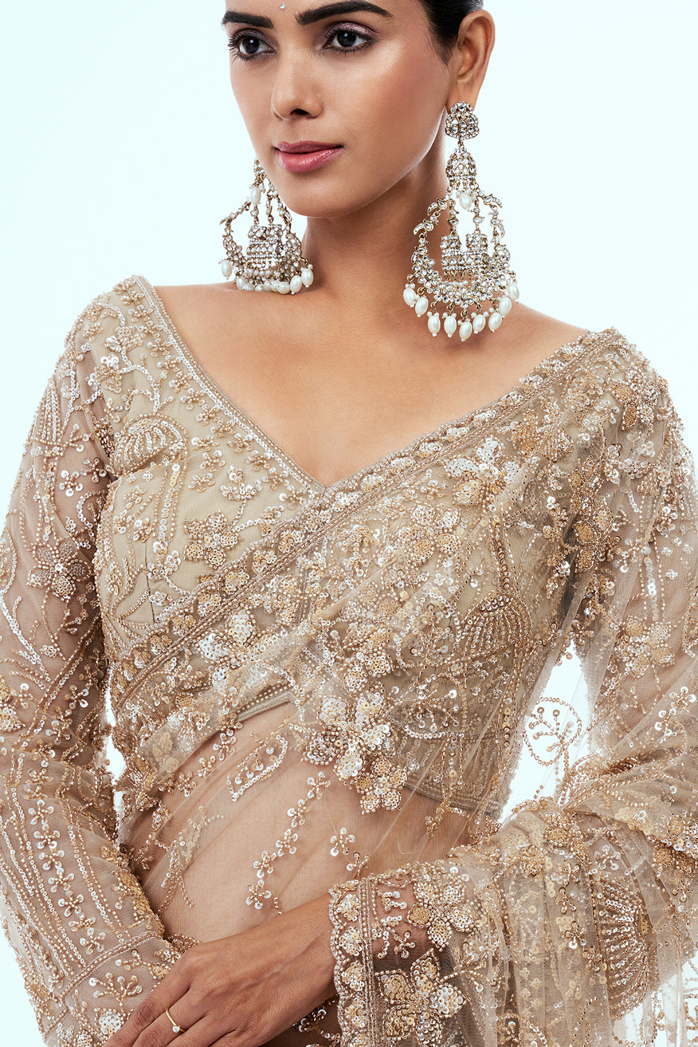 Beige Net Saree with Sequin Work