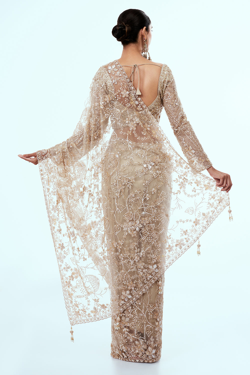 Beige Net Saree with Sequin Work