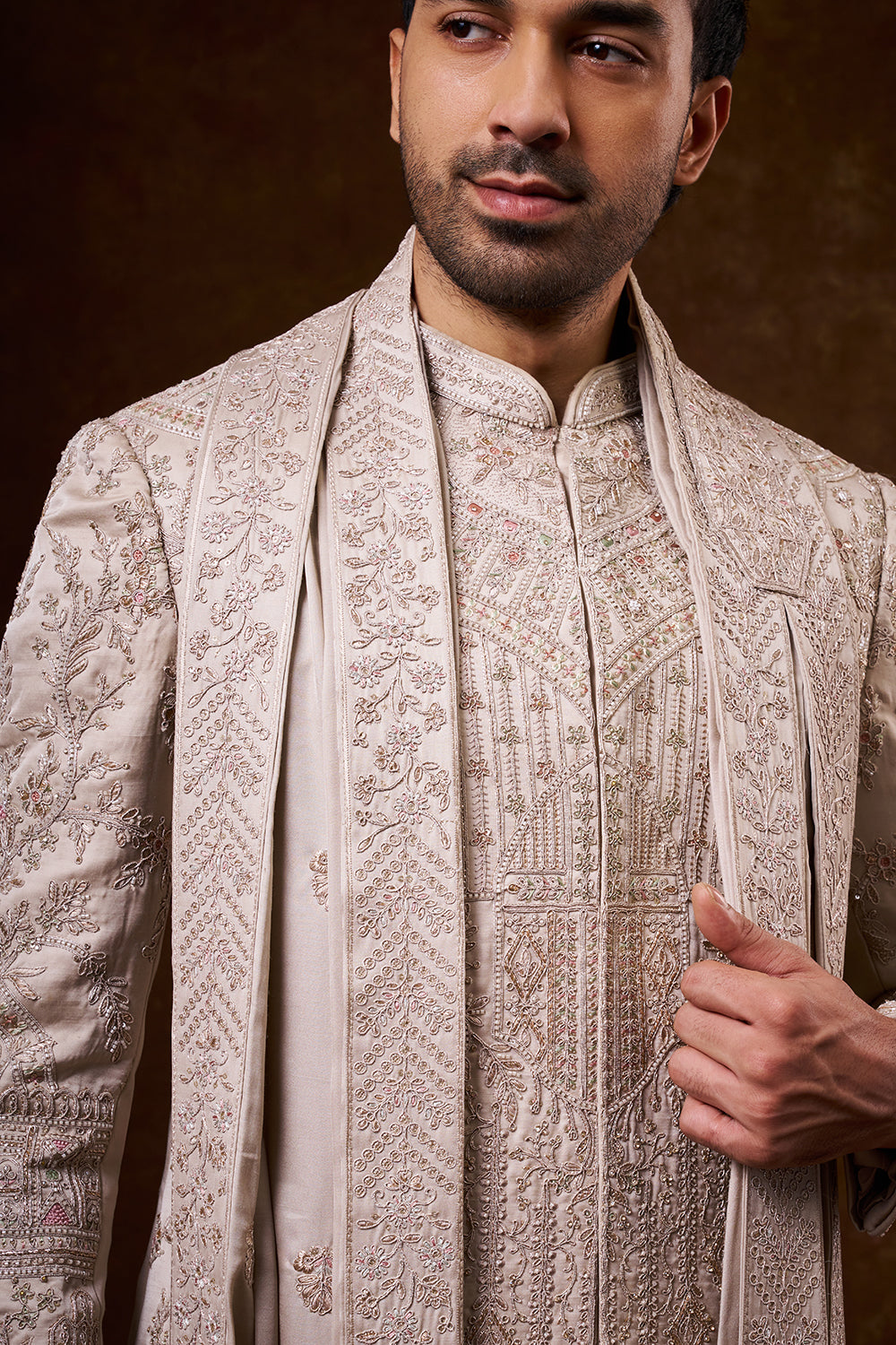 Beige Nokia Silk Groom’s Sherwani with Dori Work