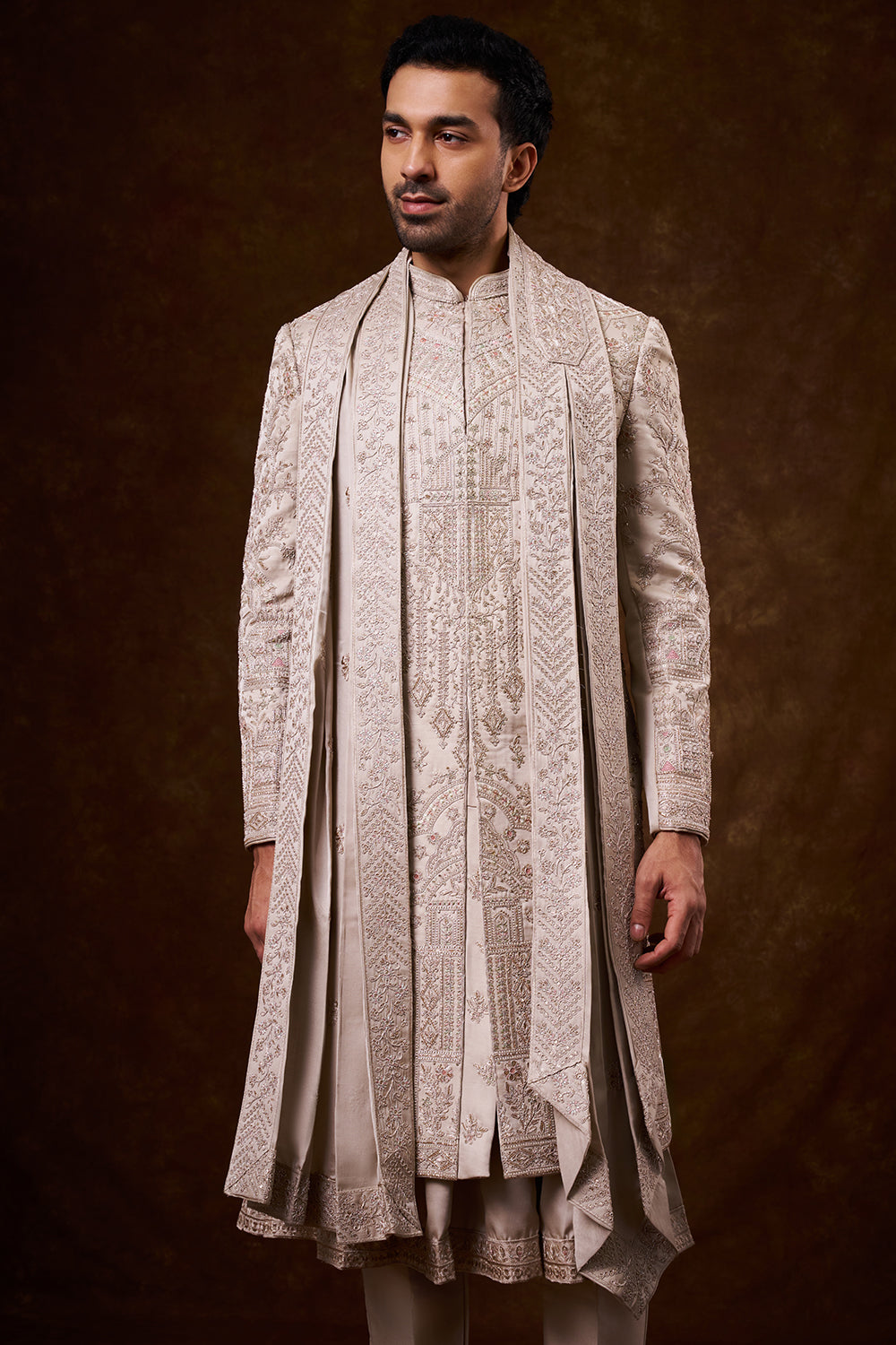 Beige Nokia Silk Groom’s Sherwani with Dori Work