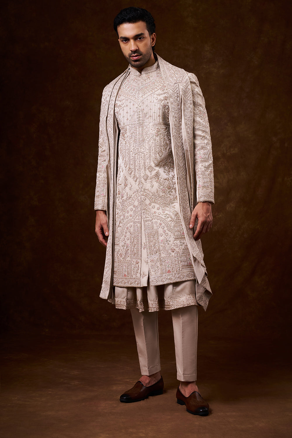 Beige Nokia Silk Groom’s Sherwani with Dori Work