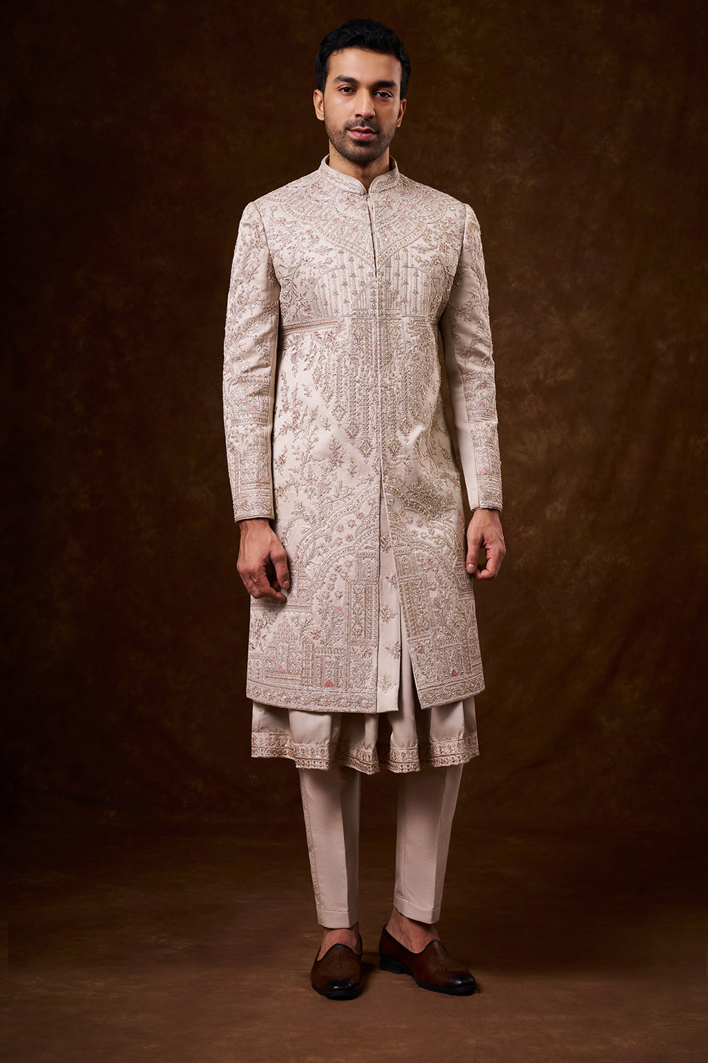 Beige Nokia Silk Groom’s Sherwani with Dori Work