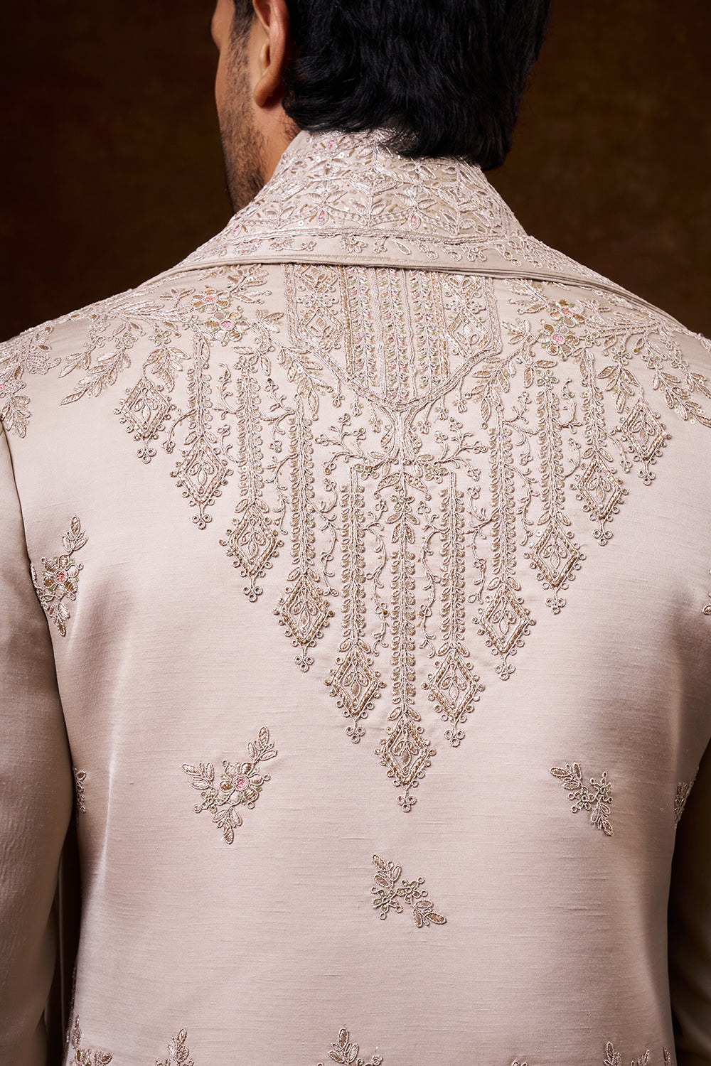 Beige Nokia Silk Groom’s Sherwani with Dori Work