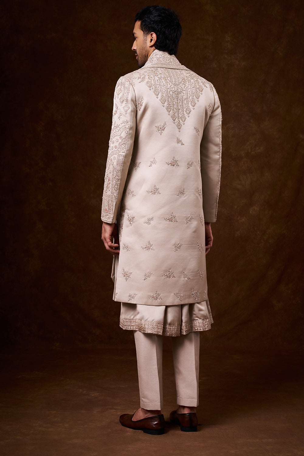 Beige Nokia Silk Groom’s Sherwani with Dori Work