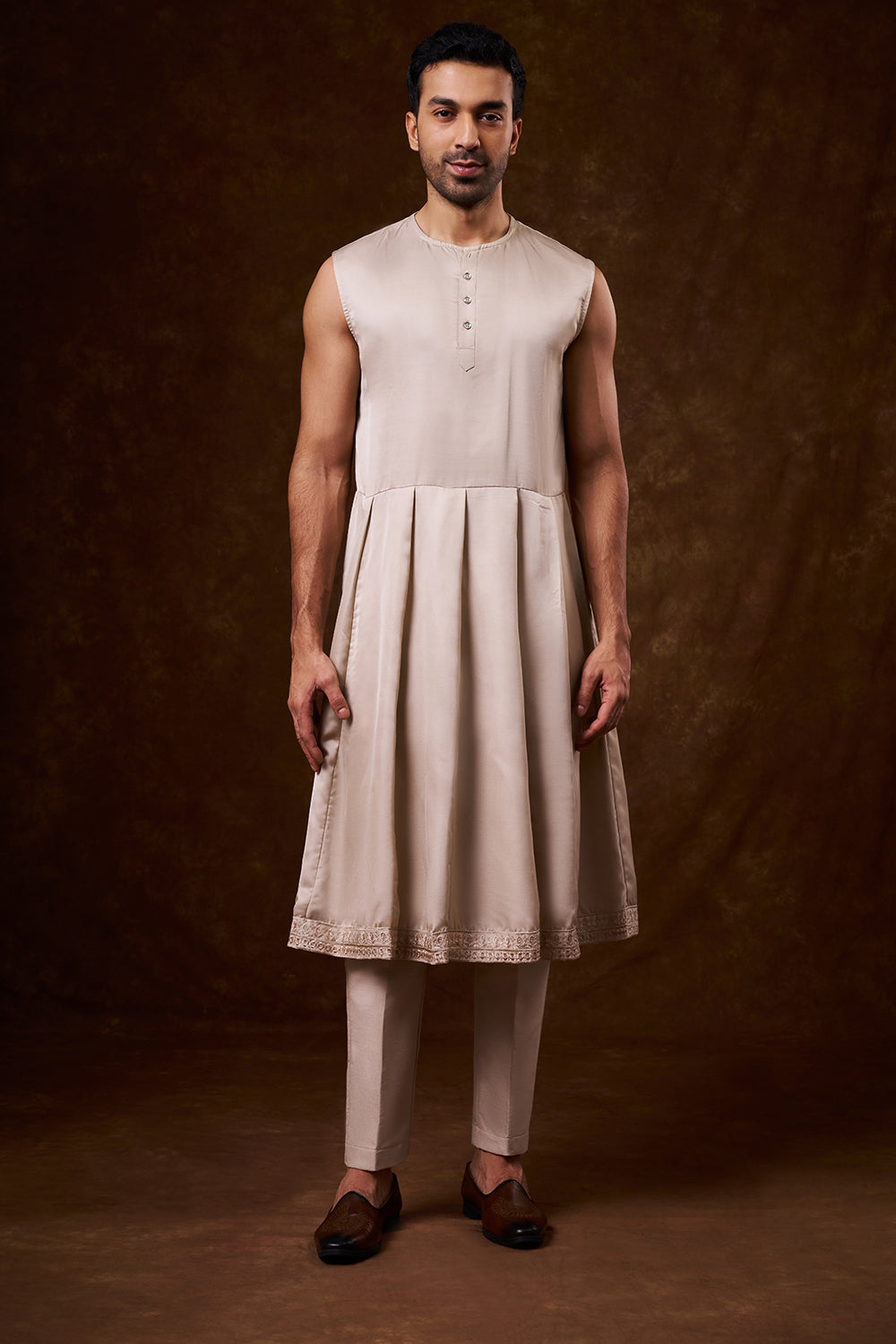 Beige Nokia Silk Groom’s Sherwani with Dori Work