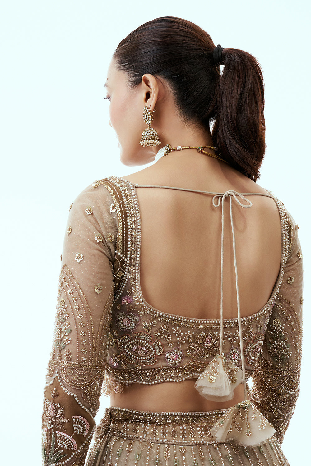 Beige Ombre Net Lehenga with Cutdana and Moti Embroidery