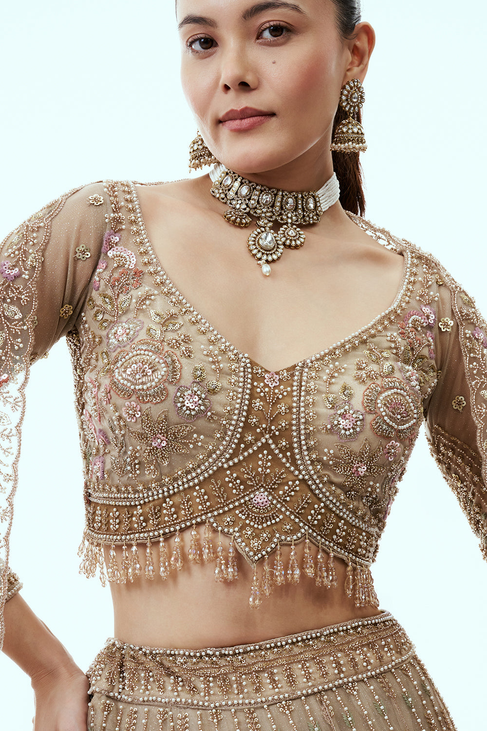 Beige Ombre Net Lehenga with Cutdana and Moti Embroidery