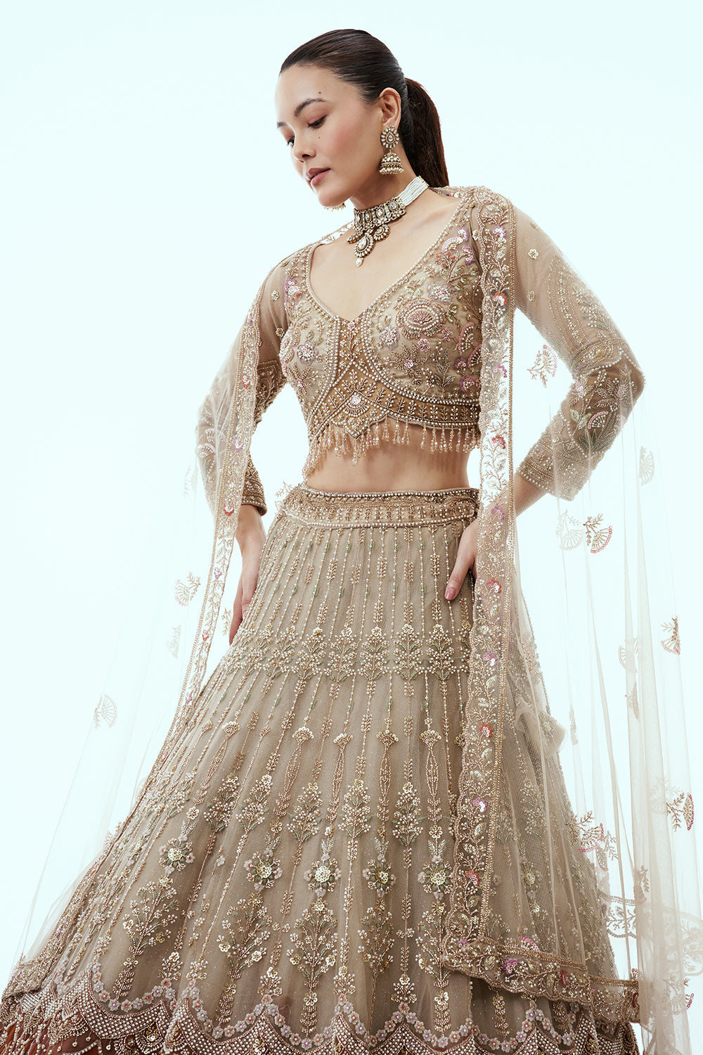 Beige Ombre Net Lehenga with Cutdana and Moti Embroidery