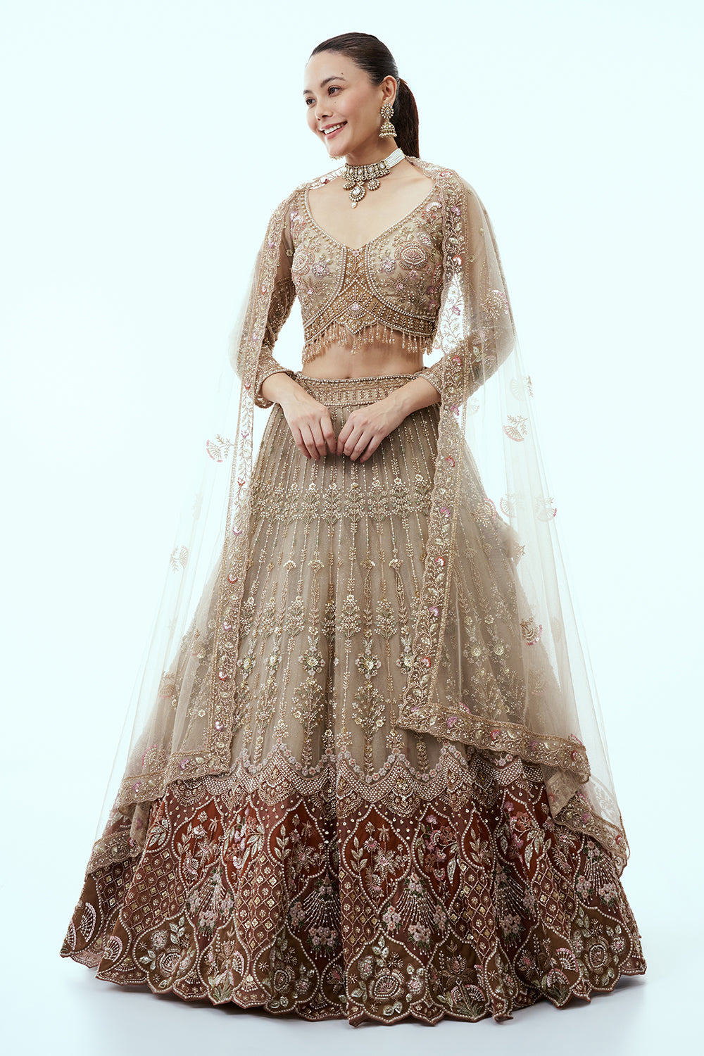 Beige Ombre Net Lehenga with Cutdana and Moti Embroidery