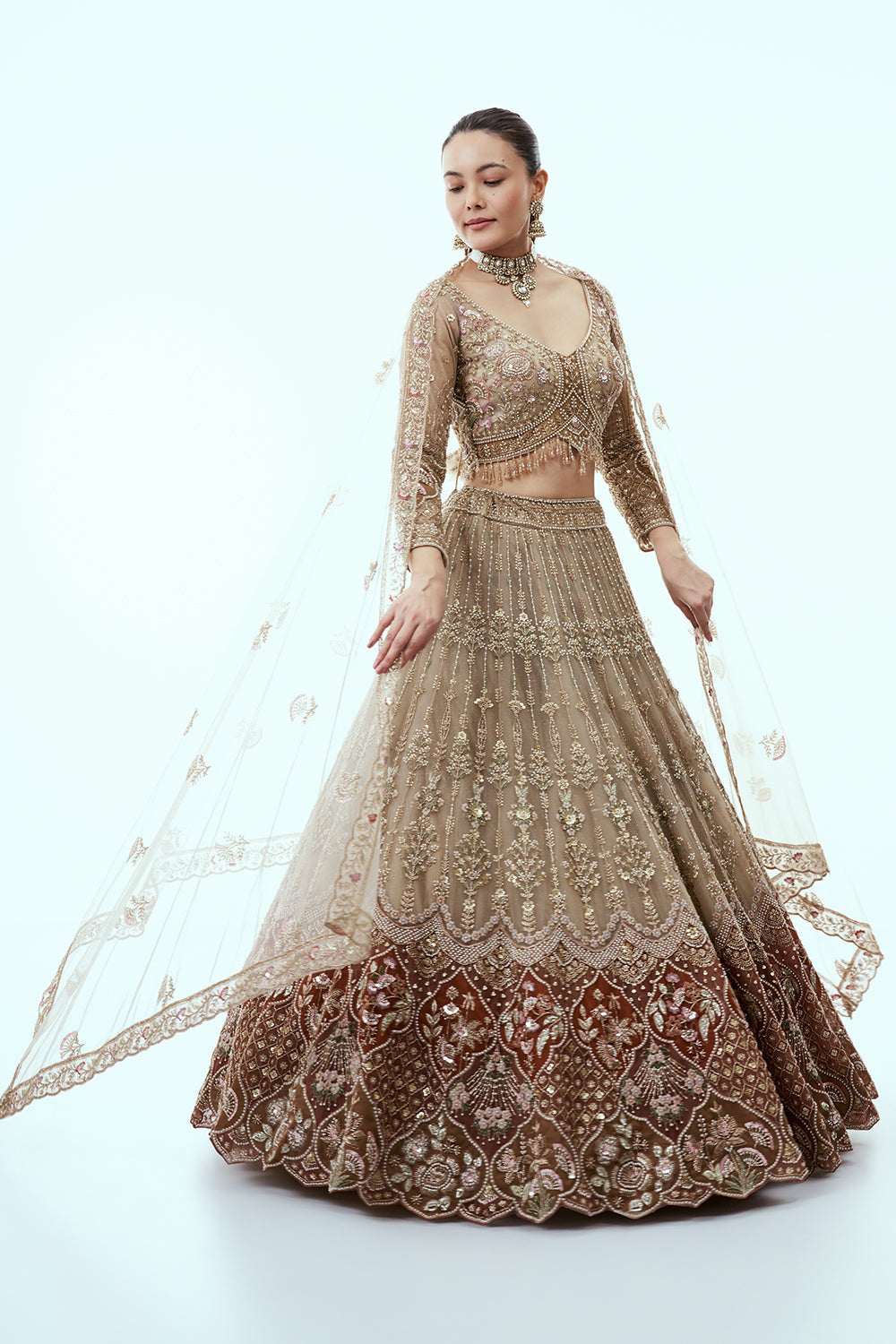Beige Ombre Net Lehenga with Cutdana and Moti Embroidery