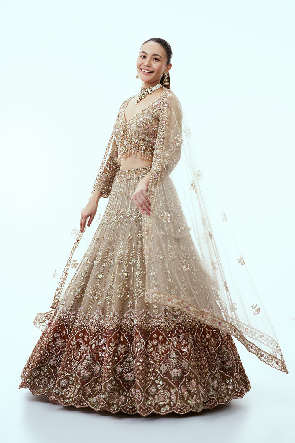 Beige Ombre Net Lehenga with Cutdana and Moti Embroidery