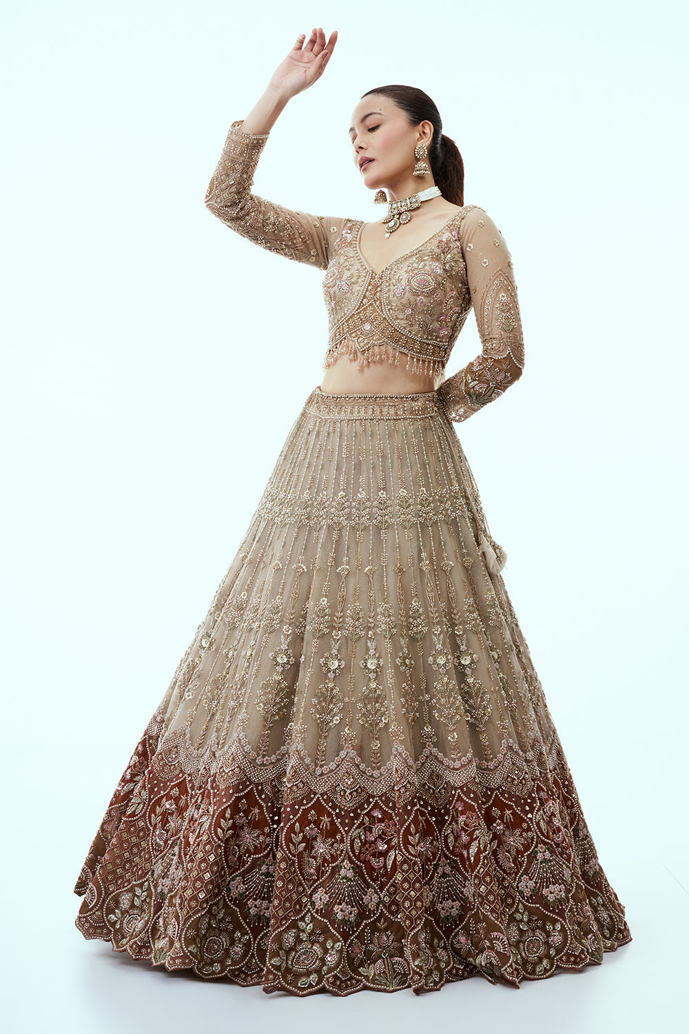 Beige Ombre Net Lehenga with Cutdana and Moti Embroidery