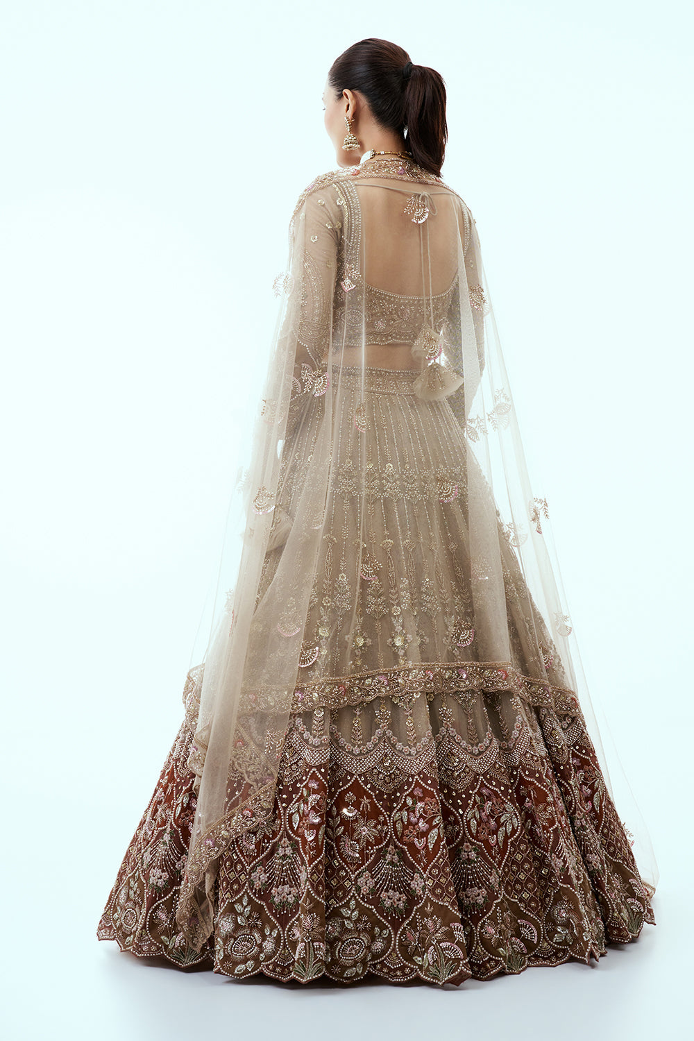 Beige Ombre Net Lehenga with Cutdana and Moti Embroidery