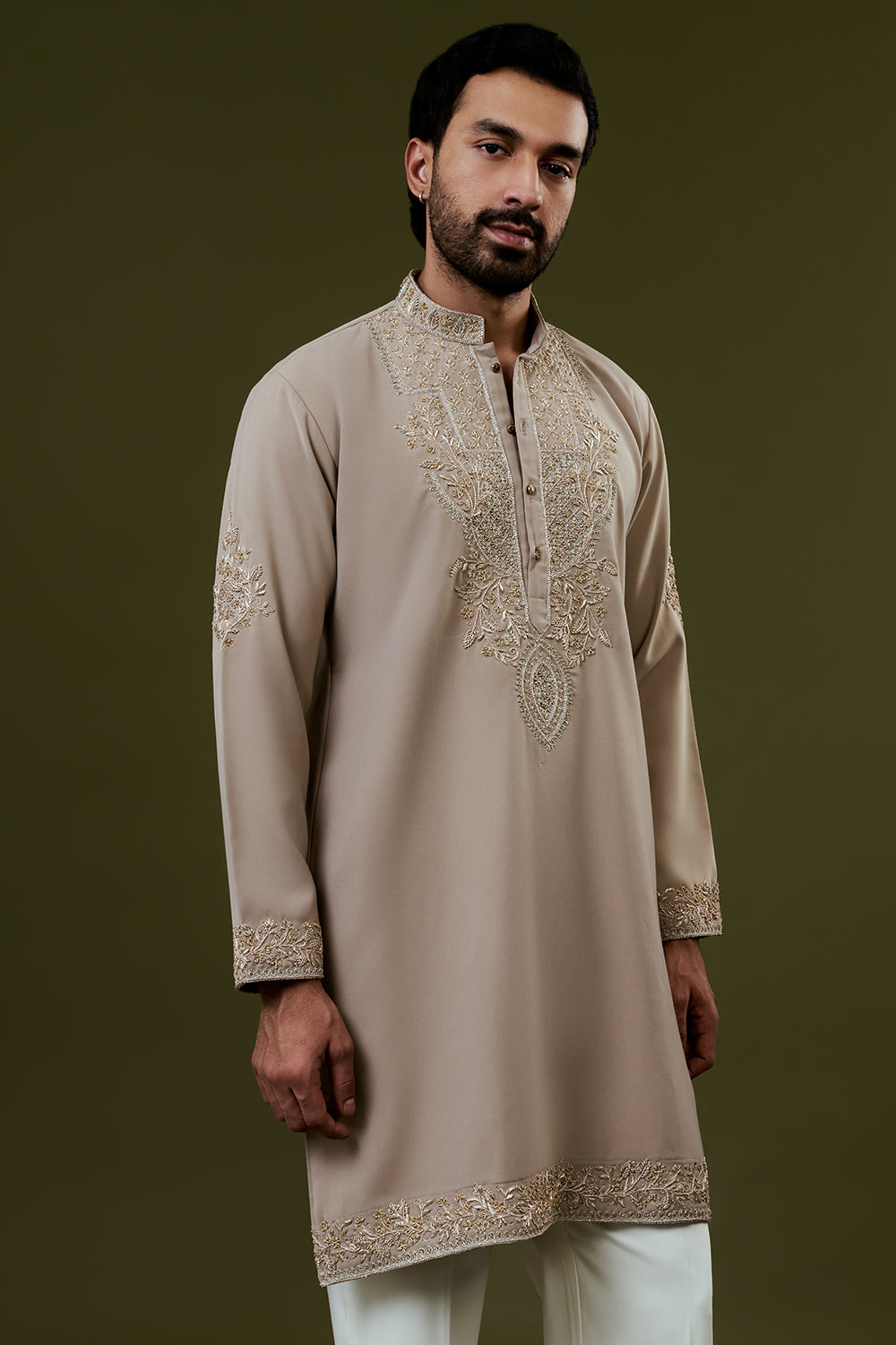 Beige Premium Crepe Mens Kurta Set with Handwork