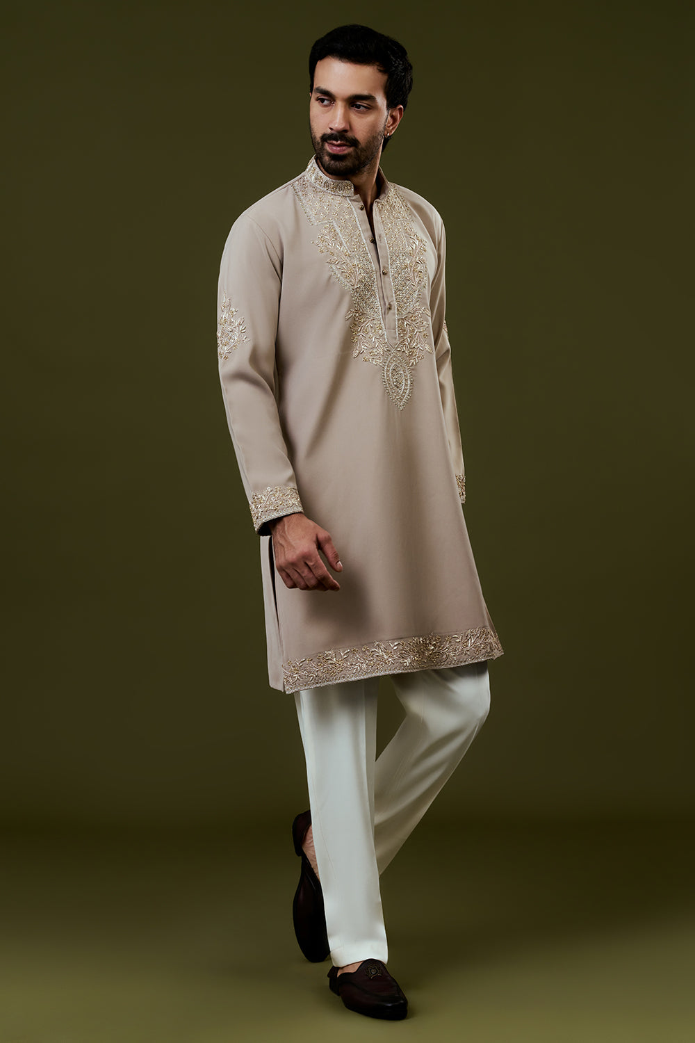 Beige Premium Crepe Mens Kurta Set with Handwork