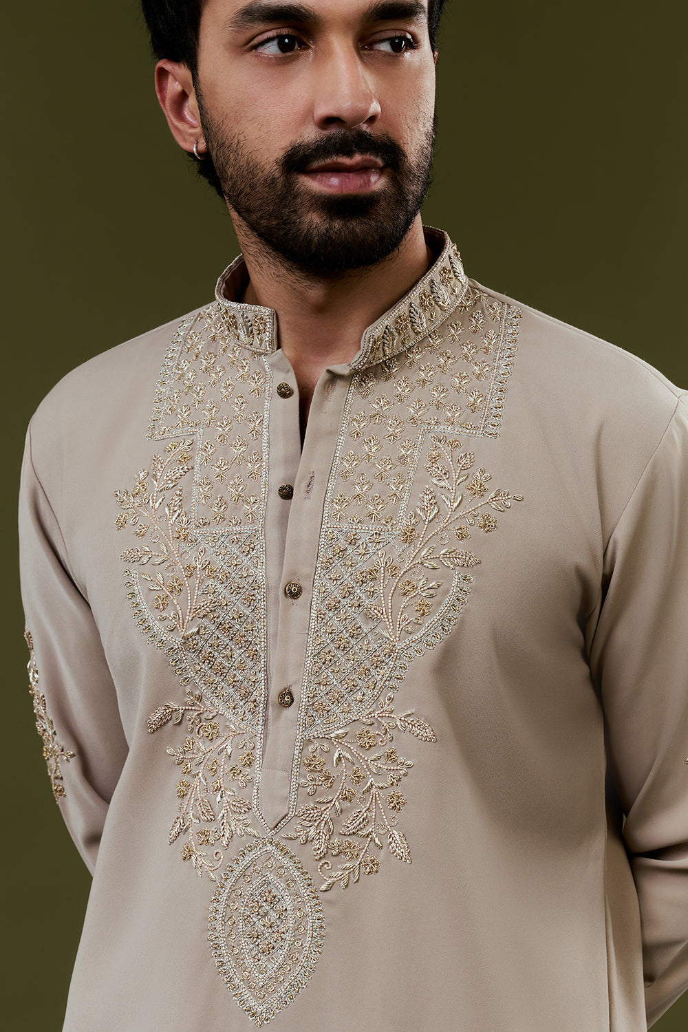 Beige Premium Crepe Mens Kurta Set with Handwork