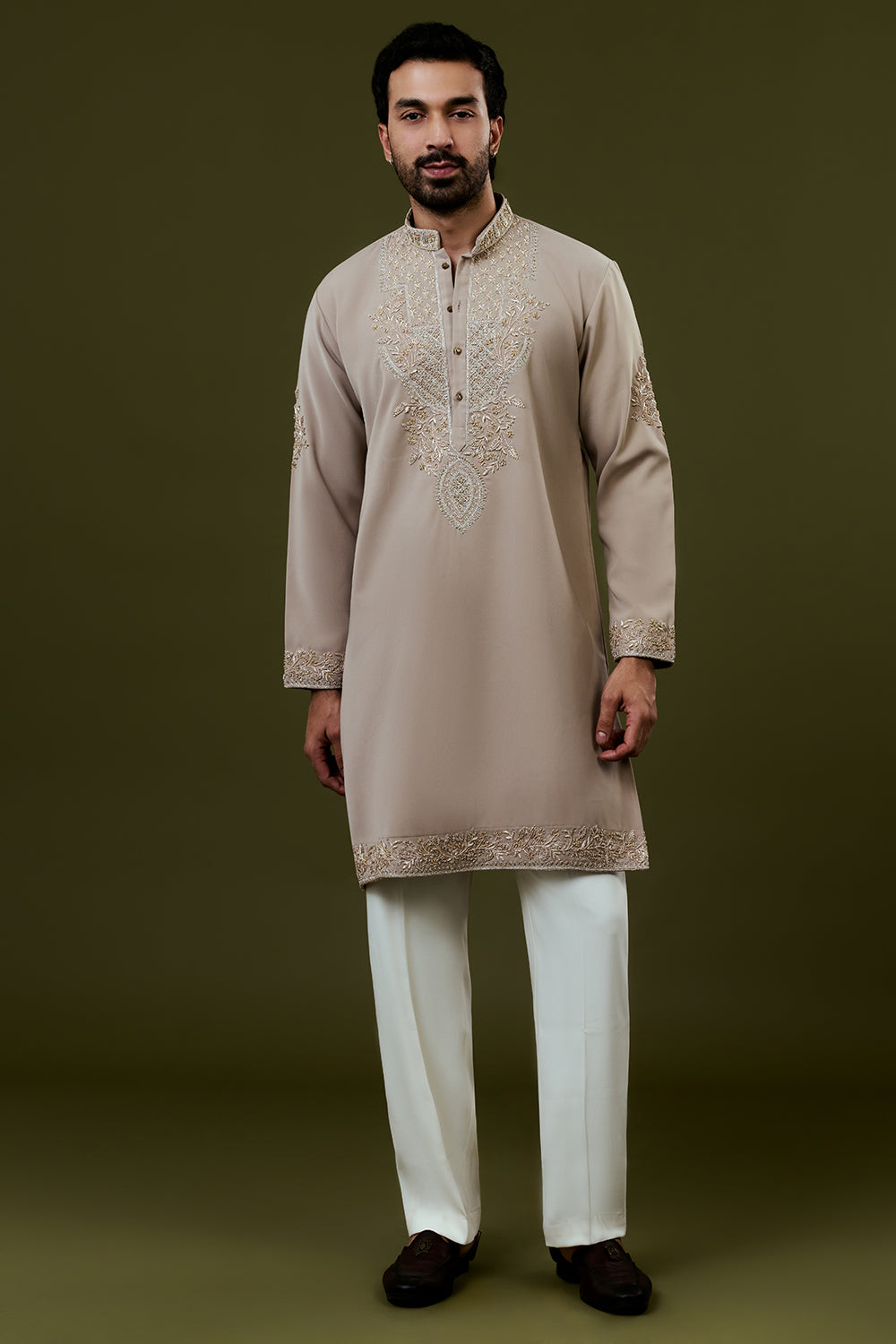 Beige Premium Crepe Mens Kurta Set with Handwork