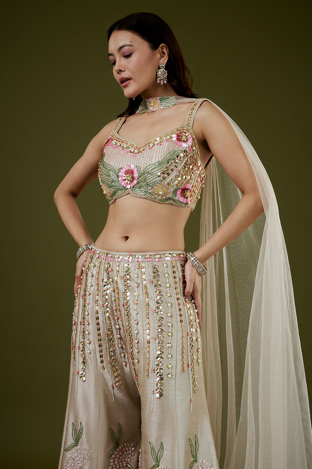 Beige Raw Silk Palazzo Set with 3D Floral Work