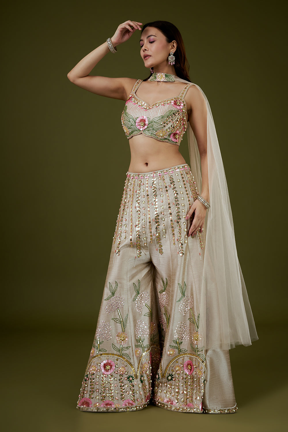 Beige Raw Silk Palazzo Set with 3D Floral Work