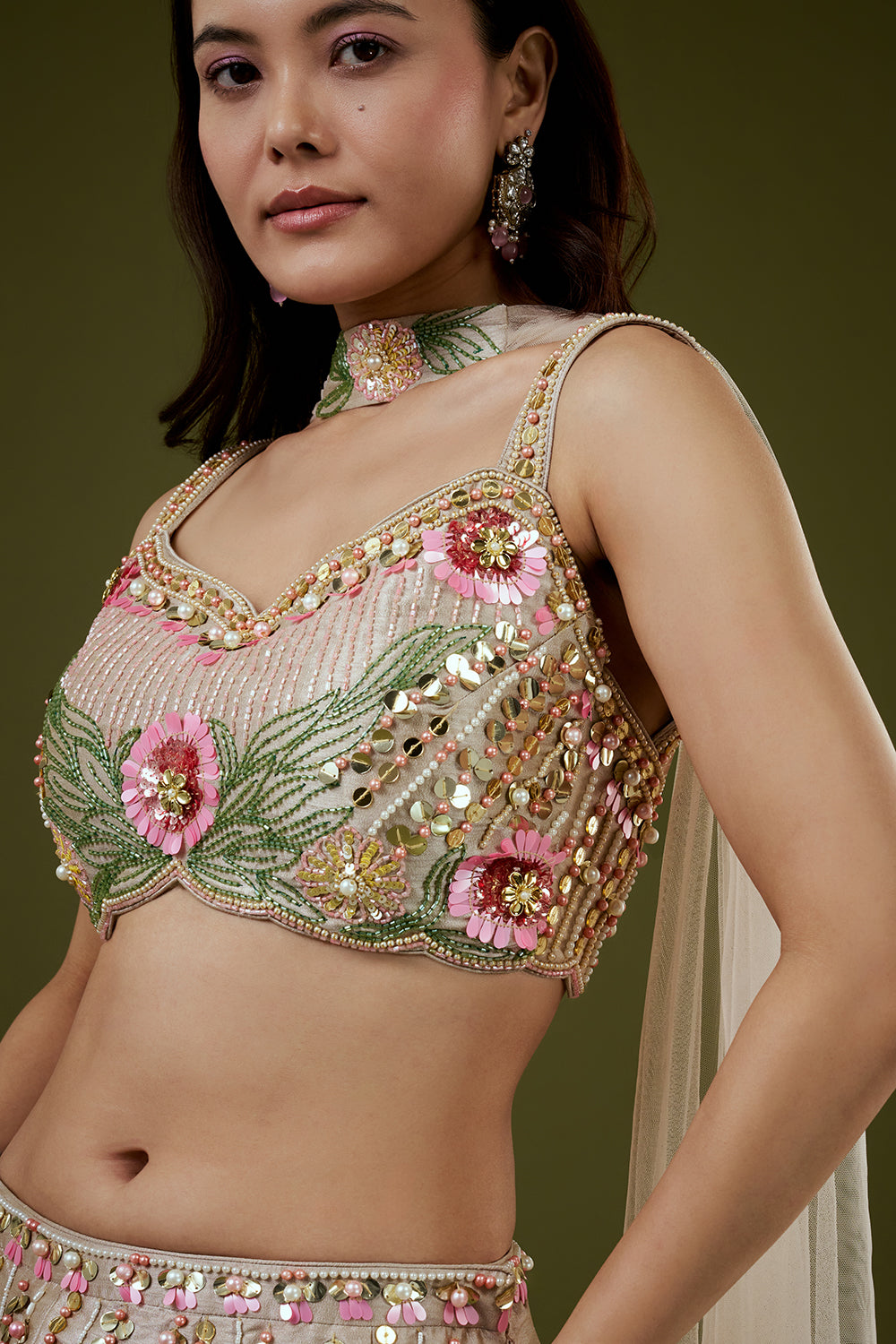 Beige Raw Silk Palazzo Set with 3D Floral Work