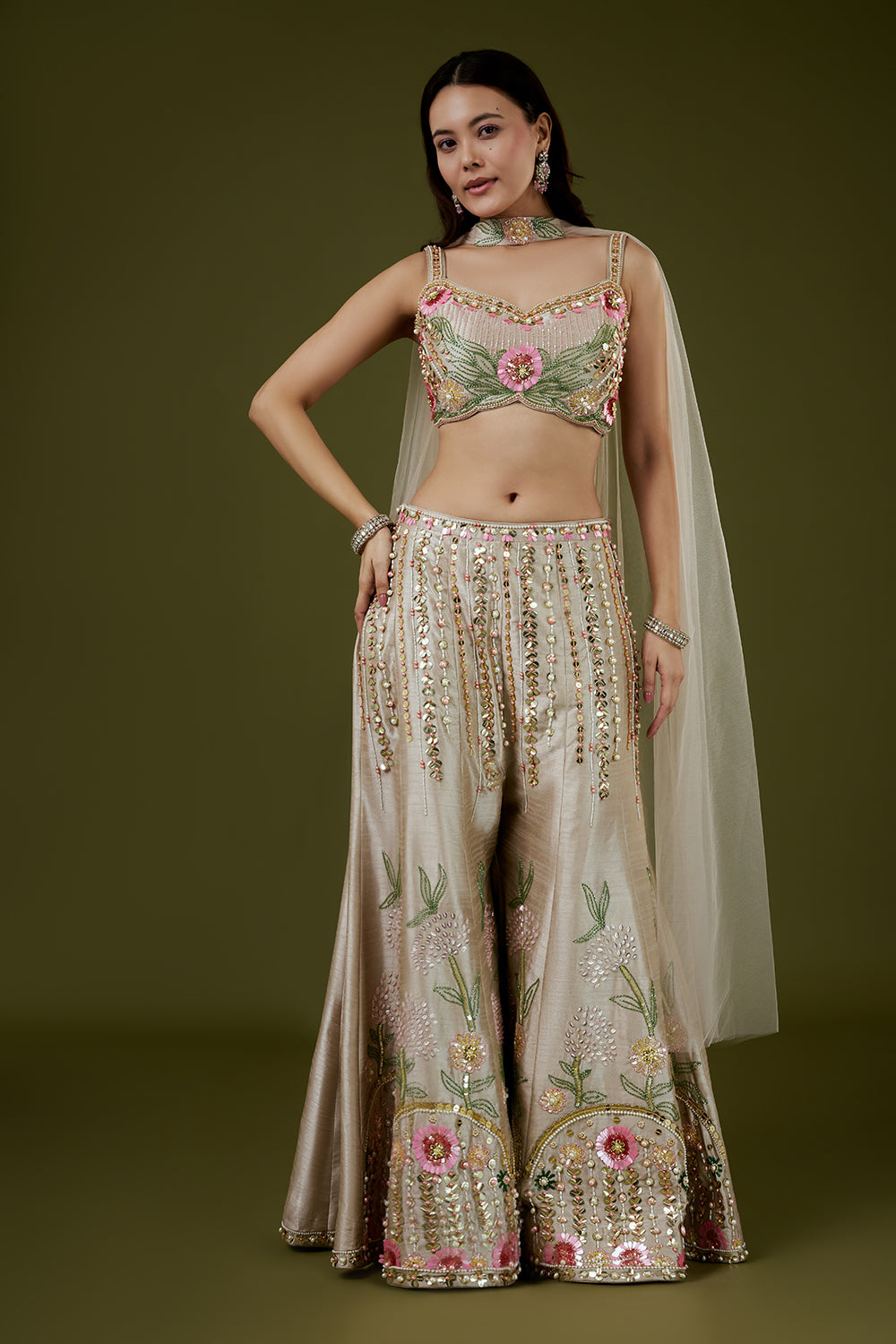 Beige Raw Silk Palazzo Set with 3D Floral Work