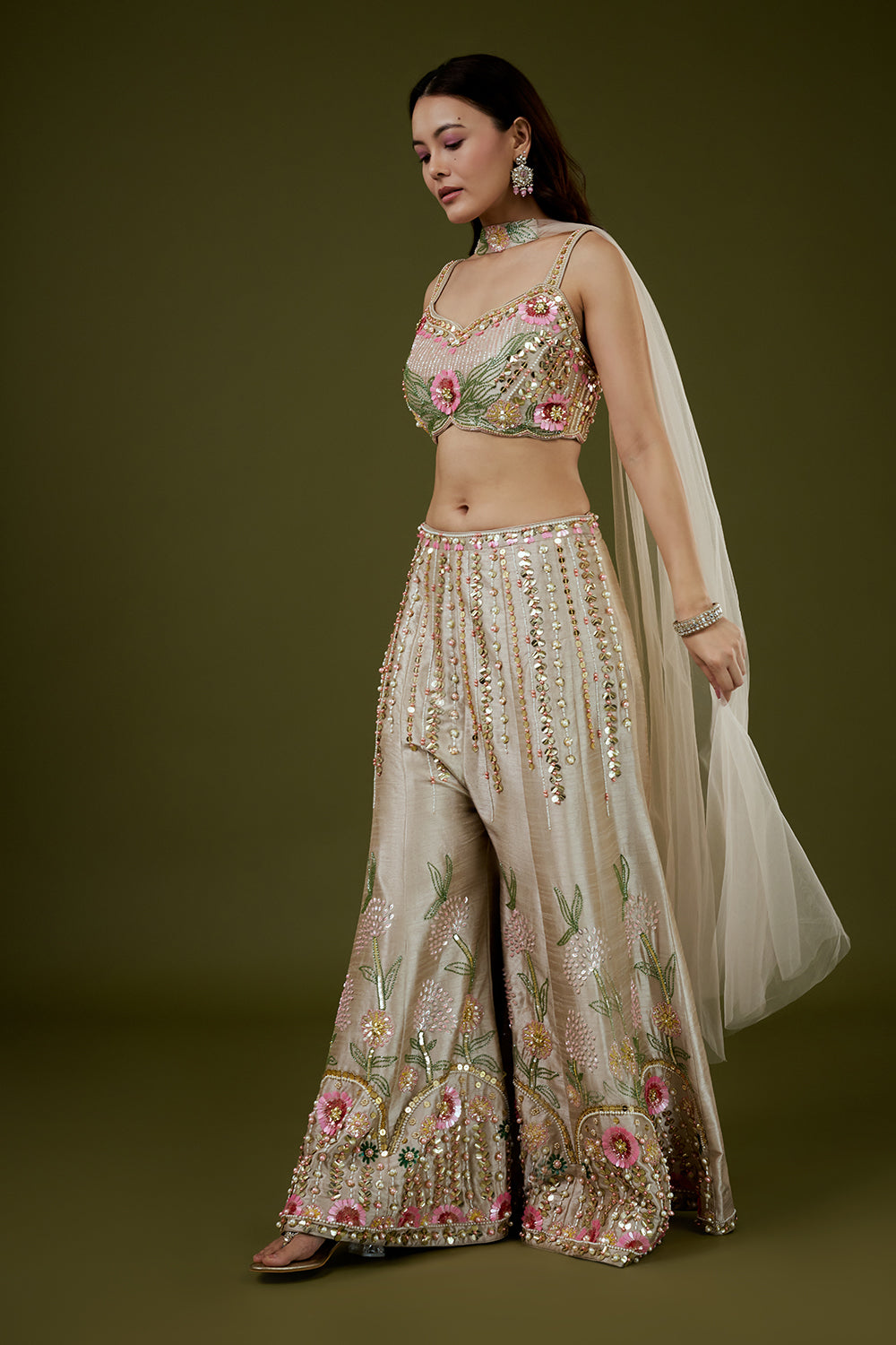 Beige Raw Silk Palazzo Set with 3D Floral Work