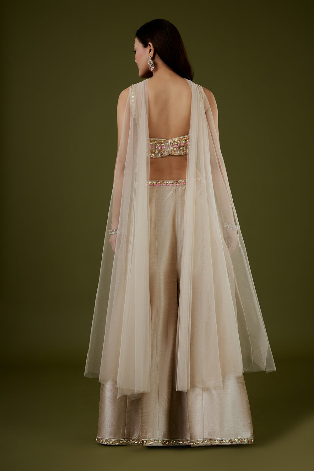 Beige Raw Silk Palazzo Set with 3D Floral Work