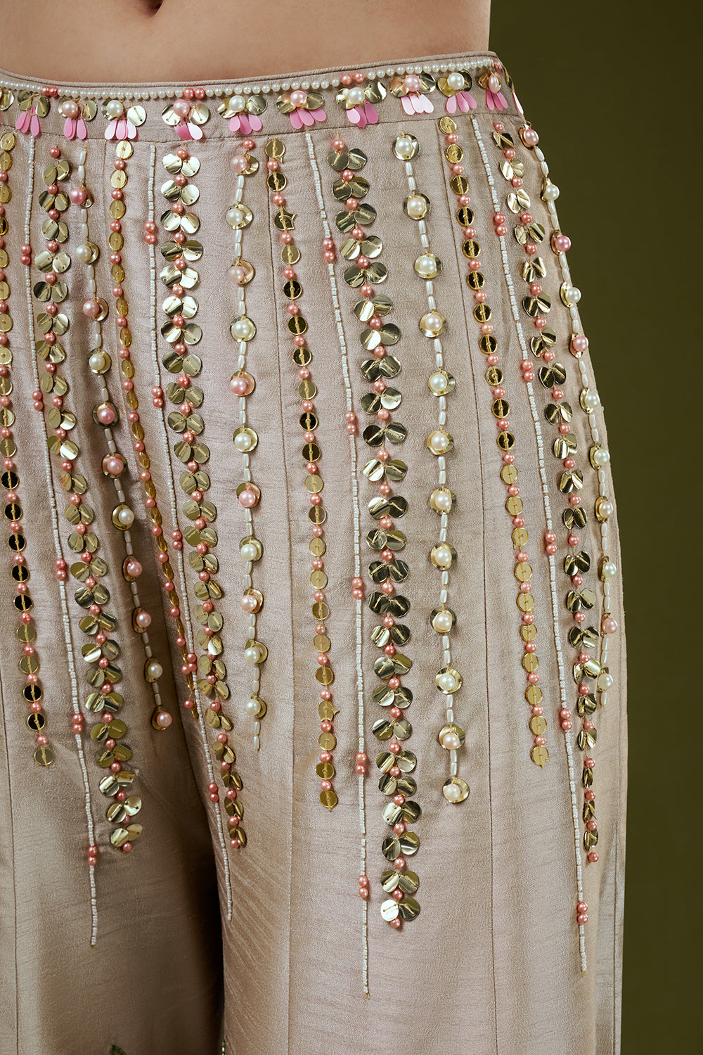 Beige Raw Silk Palazzo Set with 3D Floral Work