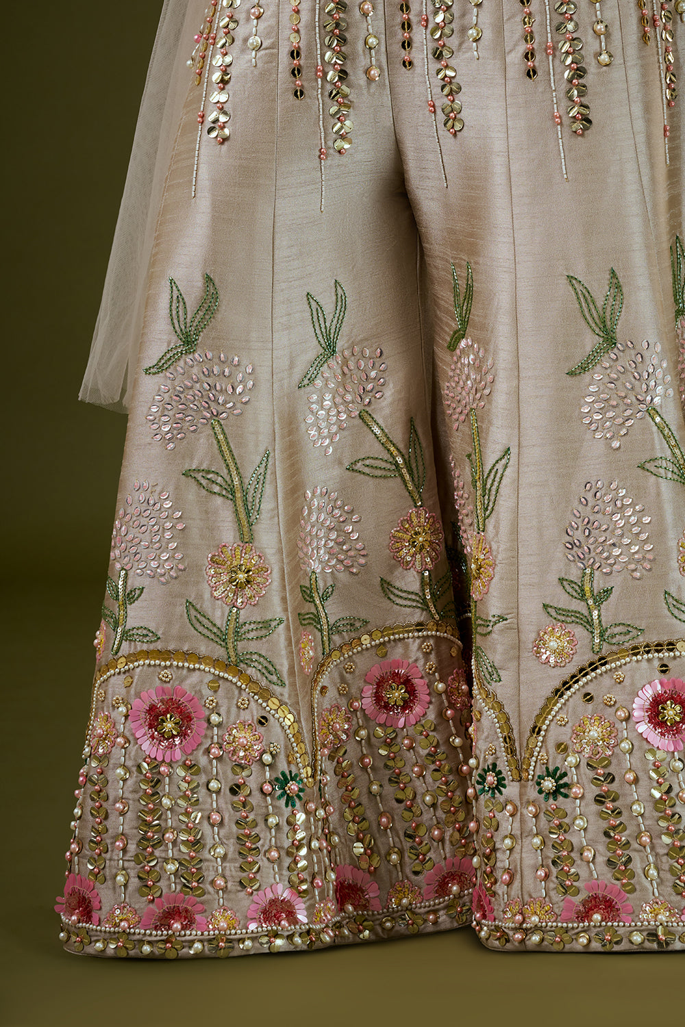 Beige Raw Silk Palazzo Set with 3D Floral Work