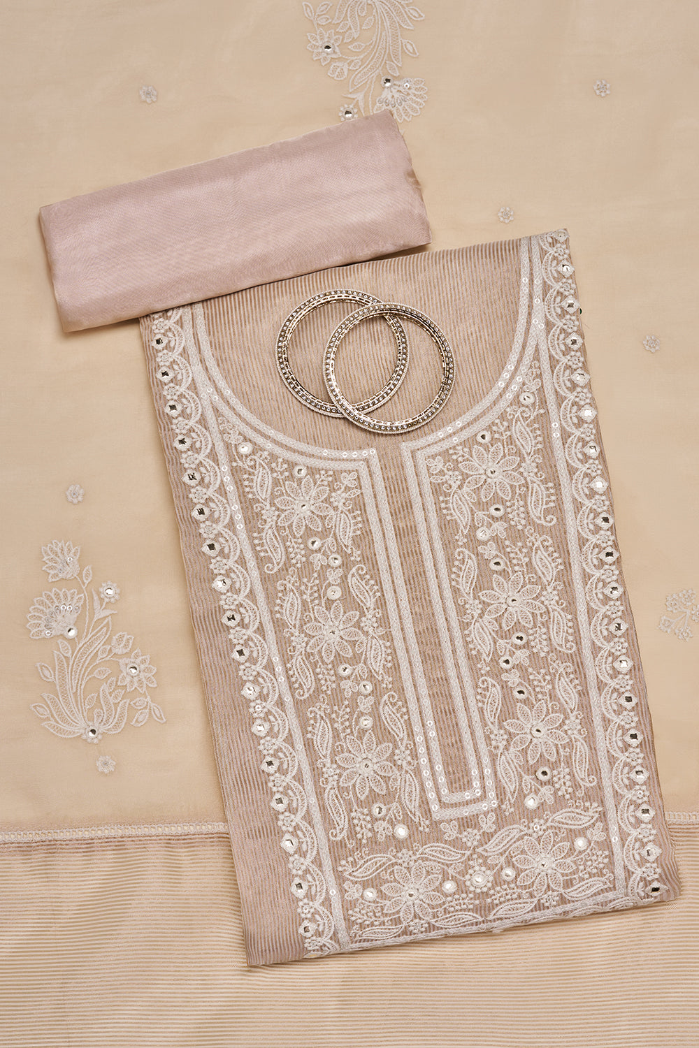 Beige Resham Embroidered Unstitched Suit Set