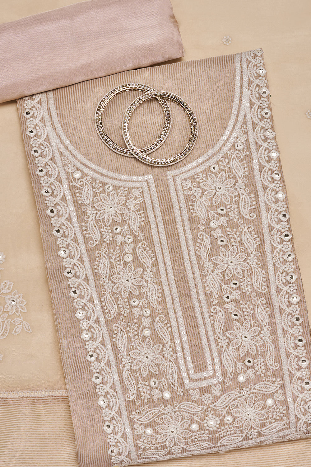 Beige Resham Embroidered Unstitched Suit Set