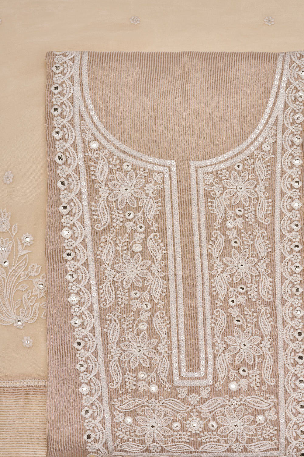 Beige Resham Embroidered Unstitched Suit Set